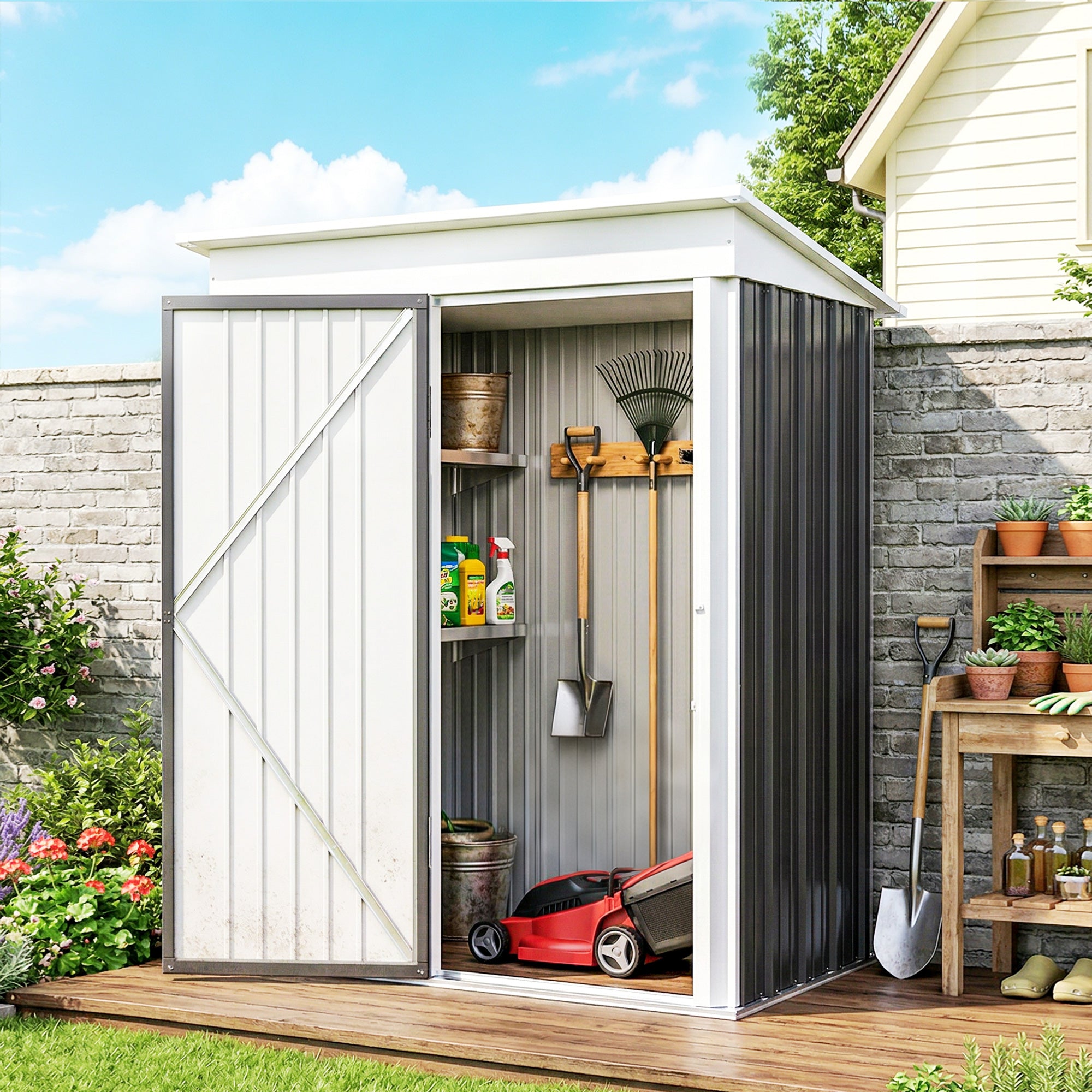 Outsunny Metal Garden Shed, Outdoor Lean-to Shed for Tool Motor Bike, with Adjustable Shelf, Lock, Gloves, 5'x3'x6',  Dark Grey