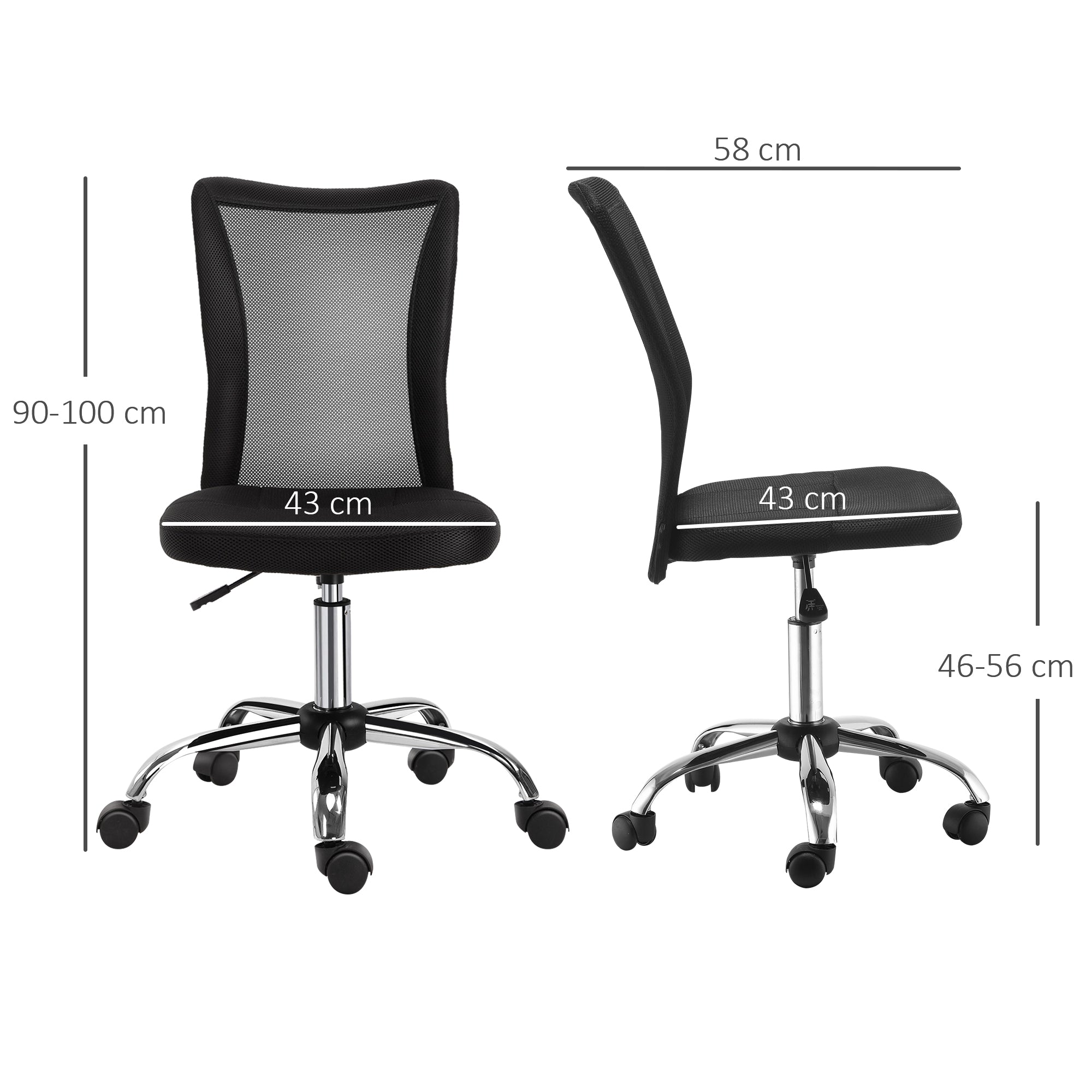 Vinsetto Office Chair, Armless Desk Chair, Adjustable Computer Swivel Chair with Rolling Wheels and Mesh Back for Home Work Study, Black - North Peak Garden Furniture