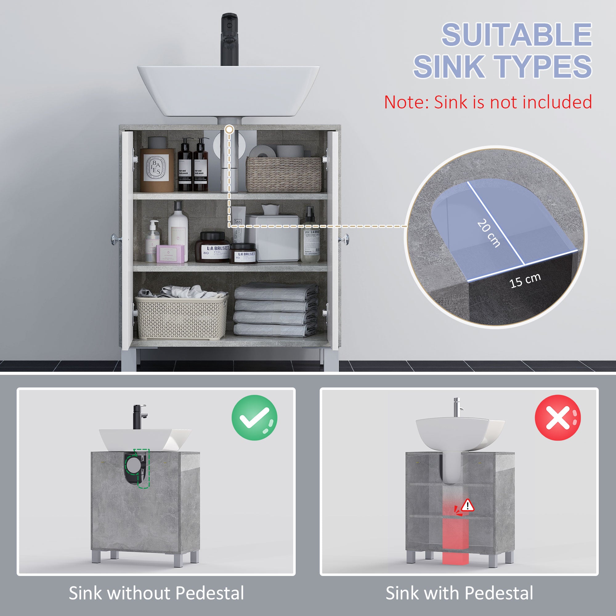 kleankin Under Sink Cabinet, Bathroom Vanity Unit, Pedestal Under Sink Design, Storage Cupboard with Adjustable Shelves, White and Grey - North Peak Garden Furniture