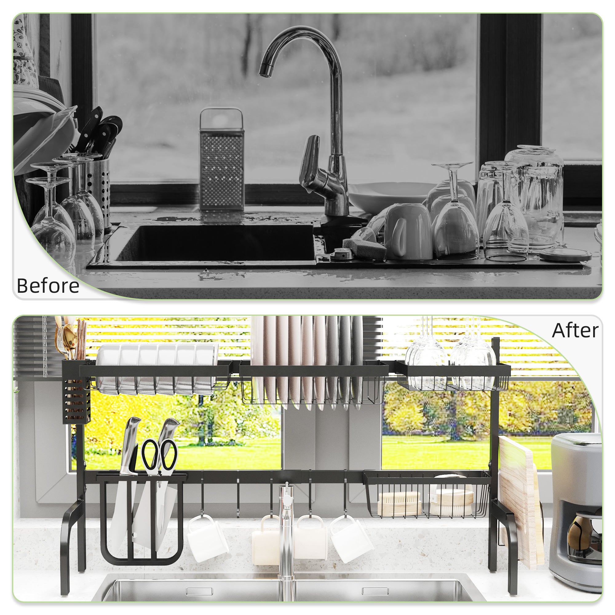 HOMCOM Space Saving 2 Tier Adjustable Dish Drainer Over The Sink Dish Drying Rack, Black - North Peak Garden Furniture