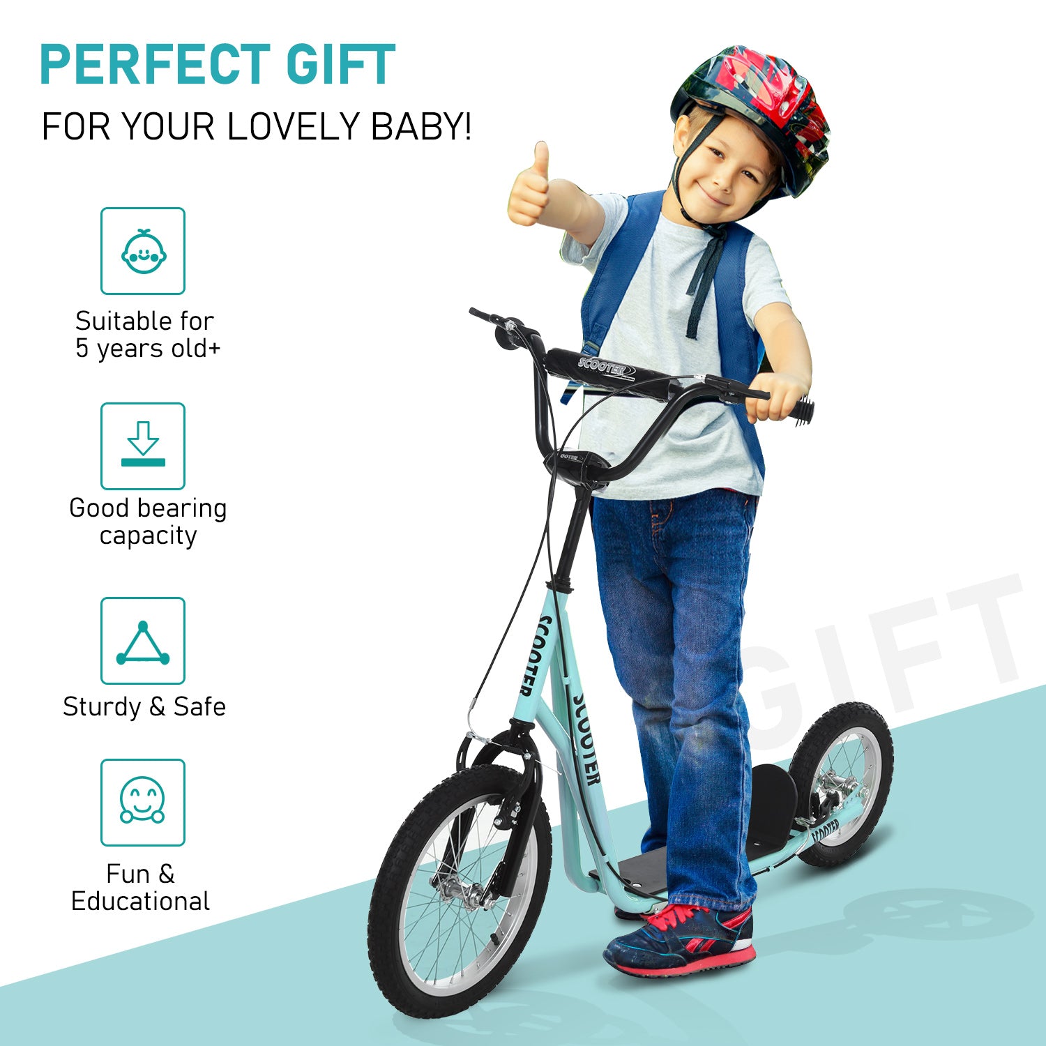 HOMCOM Teen Kids Stunt Scooter w/ Adjustable Handlebar, 16 Inch Rubber Tyres, Dual Brakes, Blue