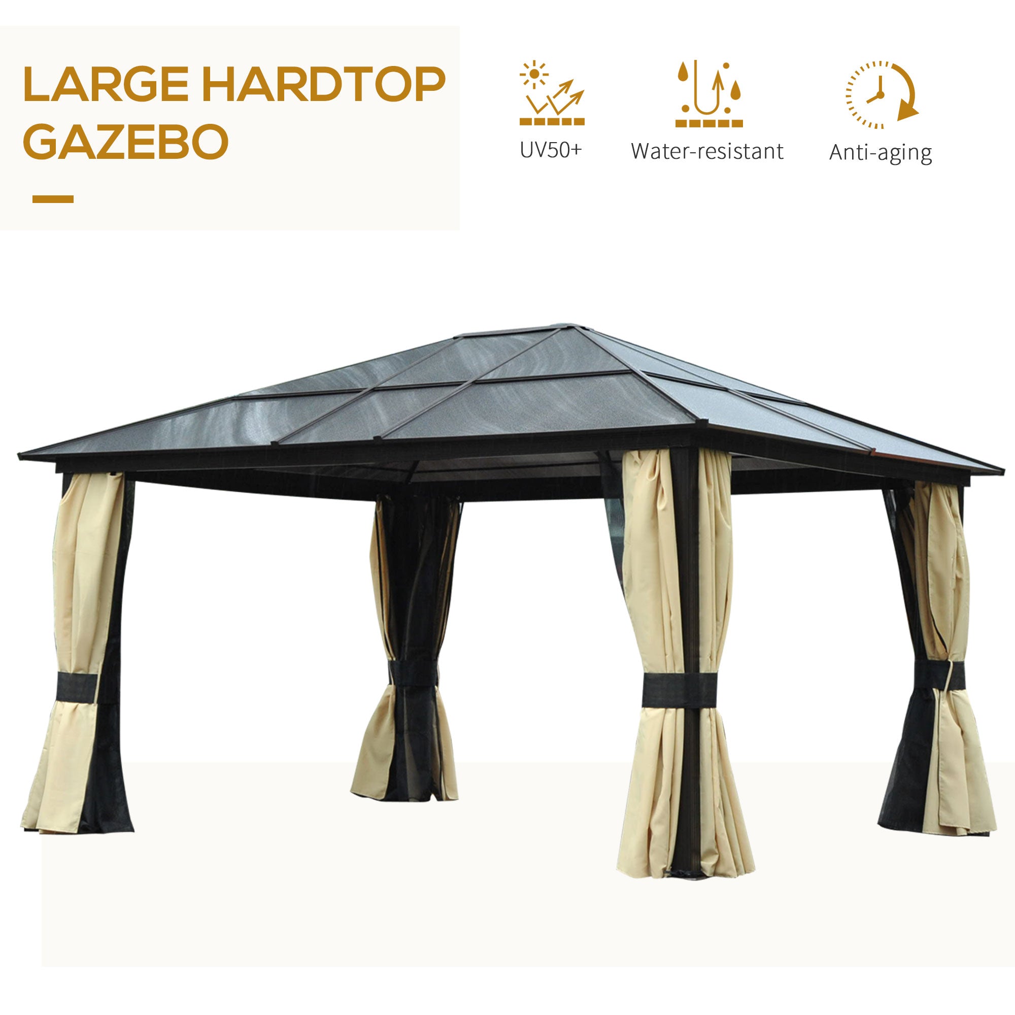 Outsunny 3.6 x 4m Hardtop Gazebo Canopy with Polycarbonate Roof and Aluminium Frame, Garden Pavilion with Mosquito Netting and Curtains - North Peak Garden Furniture