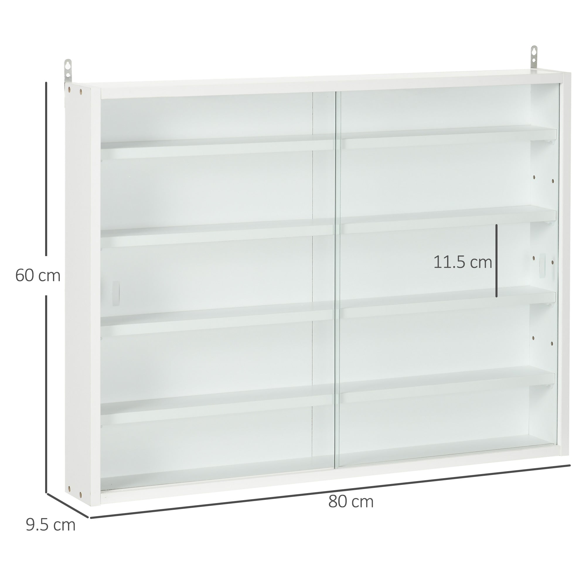 HOMCOM 5-Tier Wall Display Shelf Unit Cabinet w/ 4 Adjustable Shelves Glass Doors Home Office Ornaments 60x80cm White - North Peak Garden Furniture