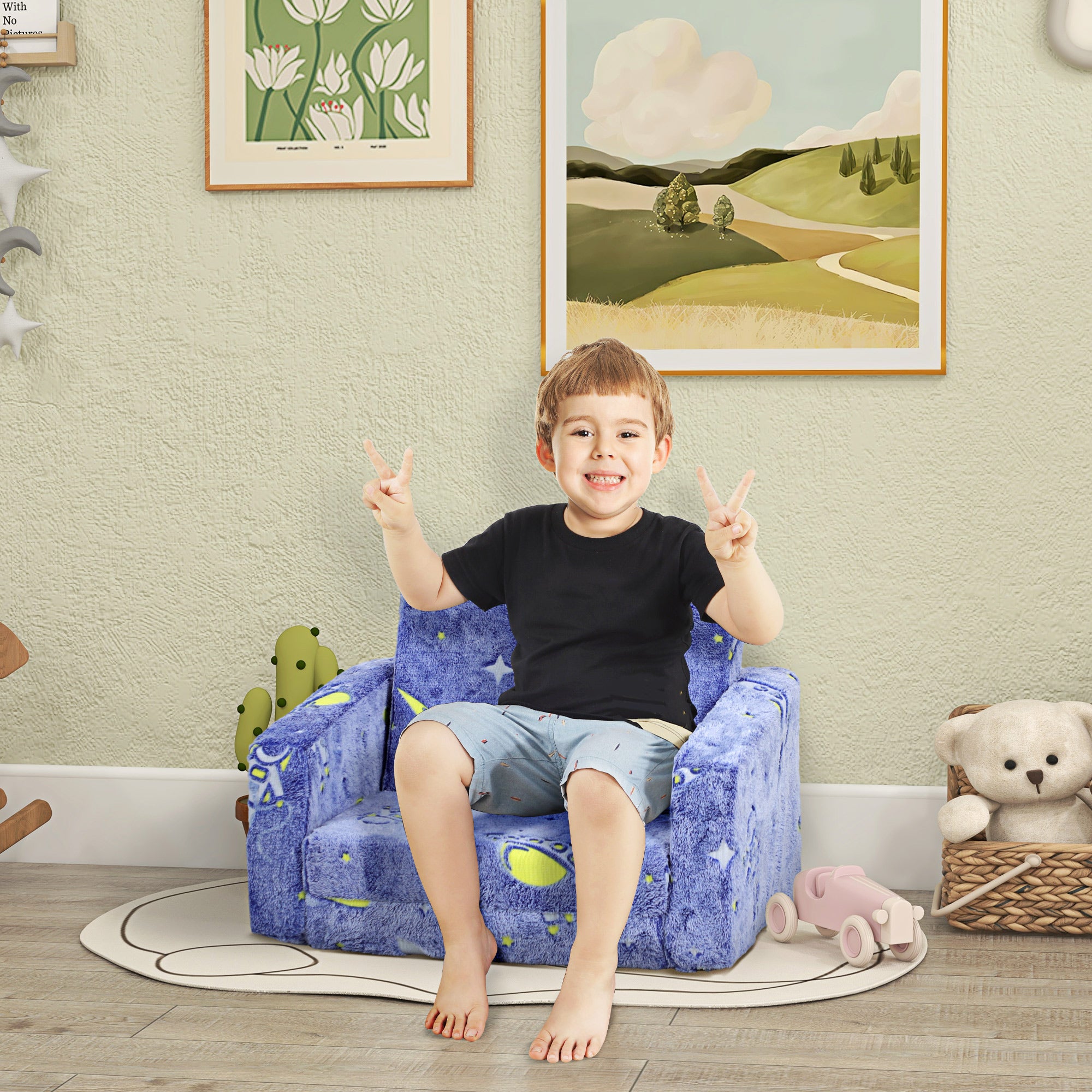 AIYAPLAY 2 in 1 Kids Kids Folding Bed Armchair with Glow in The Dark Cosmic Design, Washable Cushion and Cover, Blue - North Peak Garden Furniture