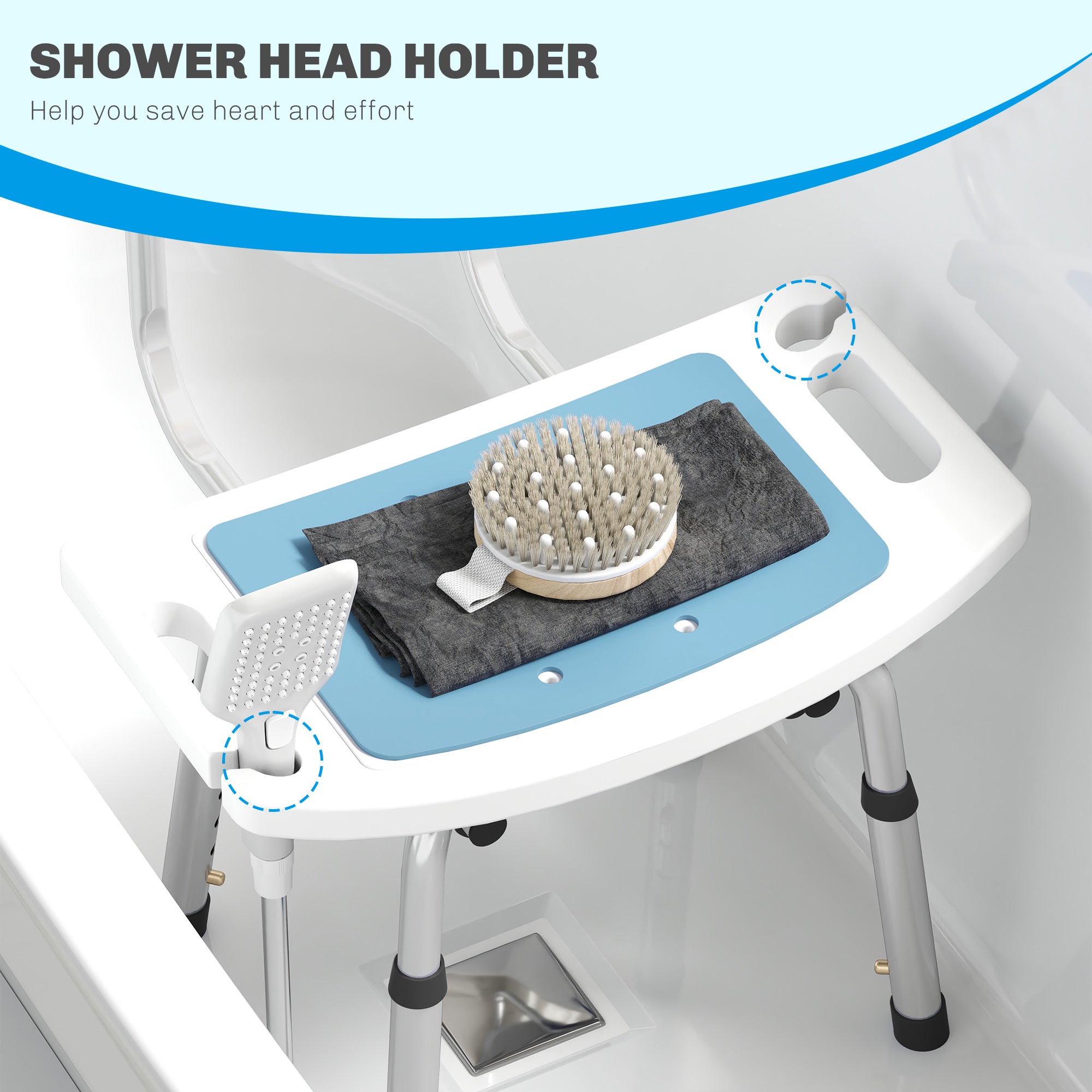 HOMCOM Shower Stool with Backrest, Height Adjustable Shower Chair with Anti-slip Foot Pads, Shower Head Holder, Light Blue - North Peak Garden Furniture