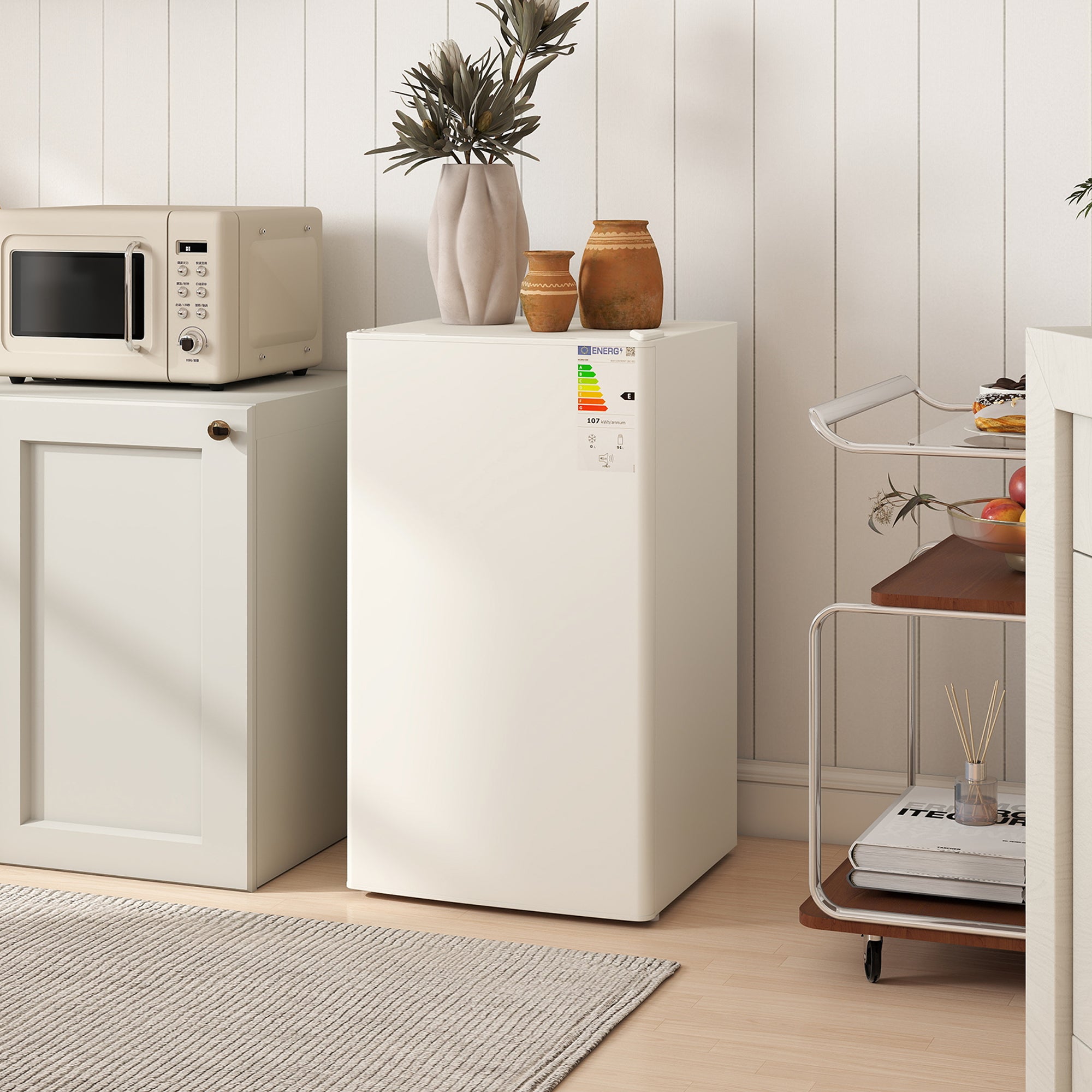HOMCOM 91 Litre Freestanding Under Counter Fridge Freezer, Small Fridge with Chiller Box, Adjustable Thermostat, 47.5cm Wide, Beige