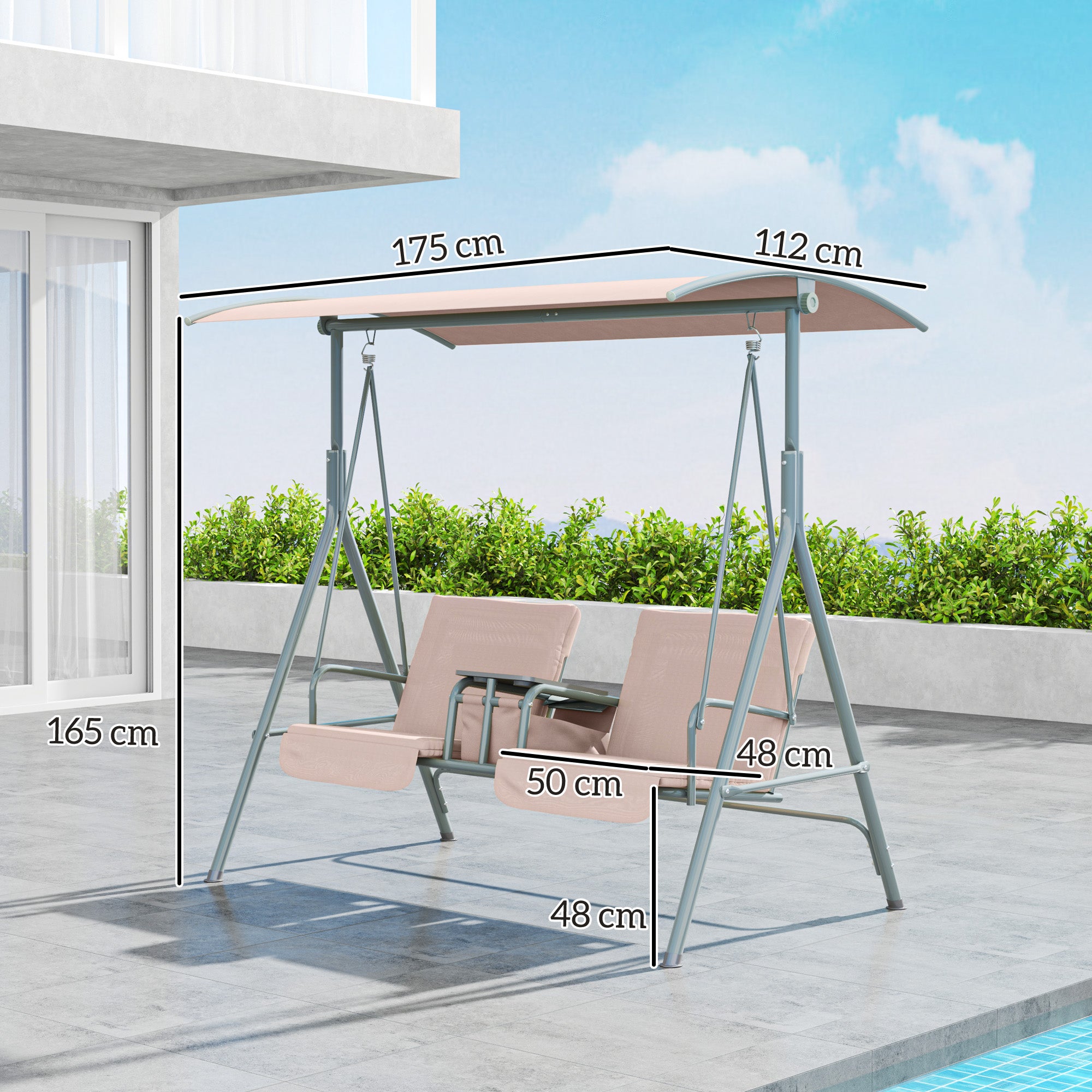 Outsunny 2 Seater Garden Swing Chair Patio Rocking Bench w/ Tilting Canopy, Double Padded Seats, Storage Bag and Tray, Beige