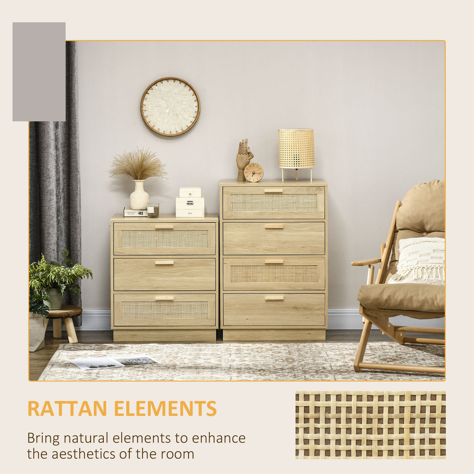 HOMCOM Chest of Four Rattan Weave Panel Drawers - Wood-Effect - North Peak Garden Furniture