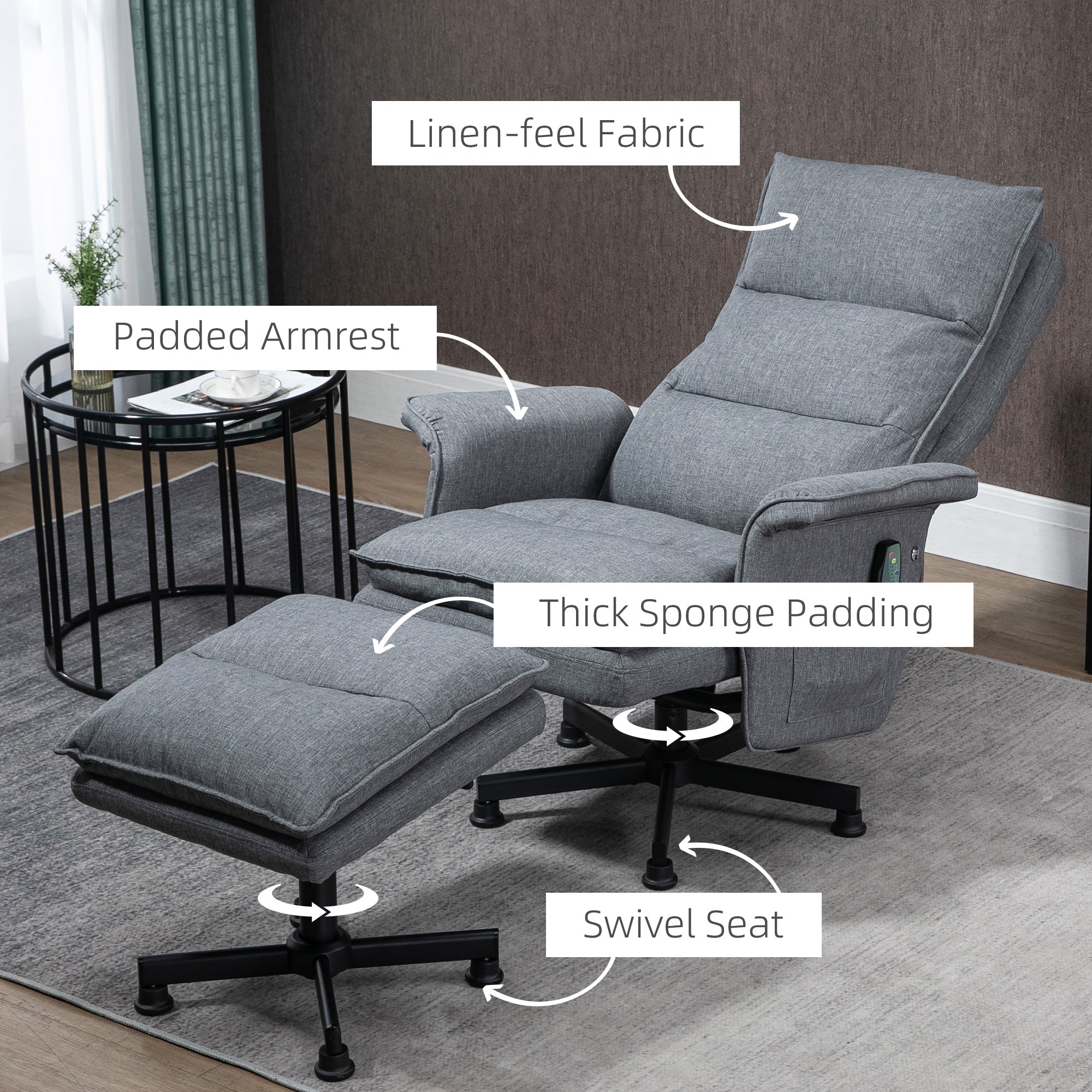 HOMCOM Swivel Recliner Chair and Footstool, Upholstered Massage Recliner Armchair with Remote Control, Timer and Steel Base, Grey - North Peak Garden Furniture