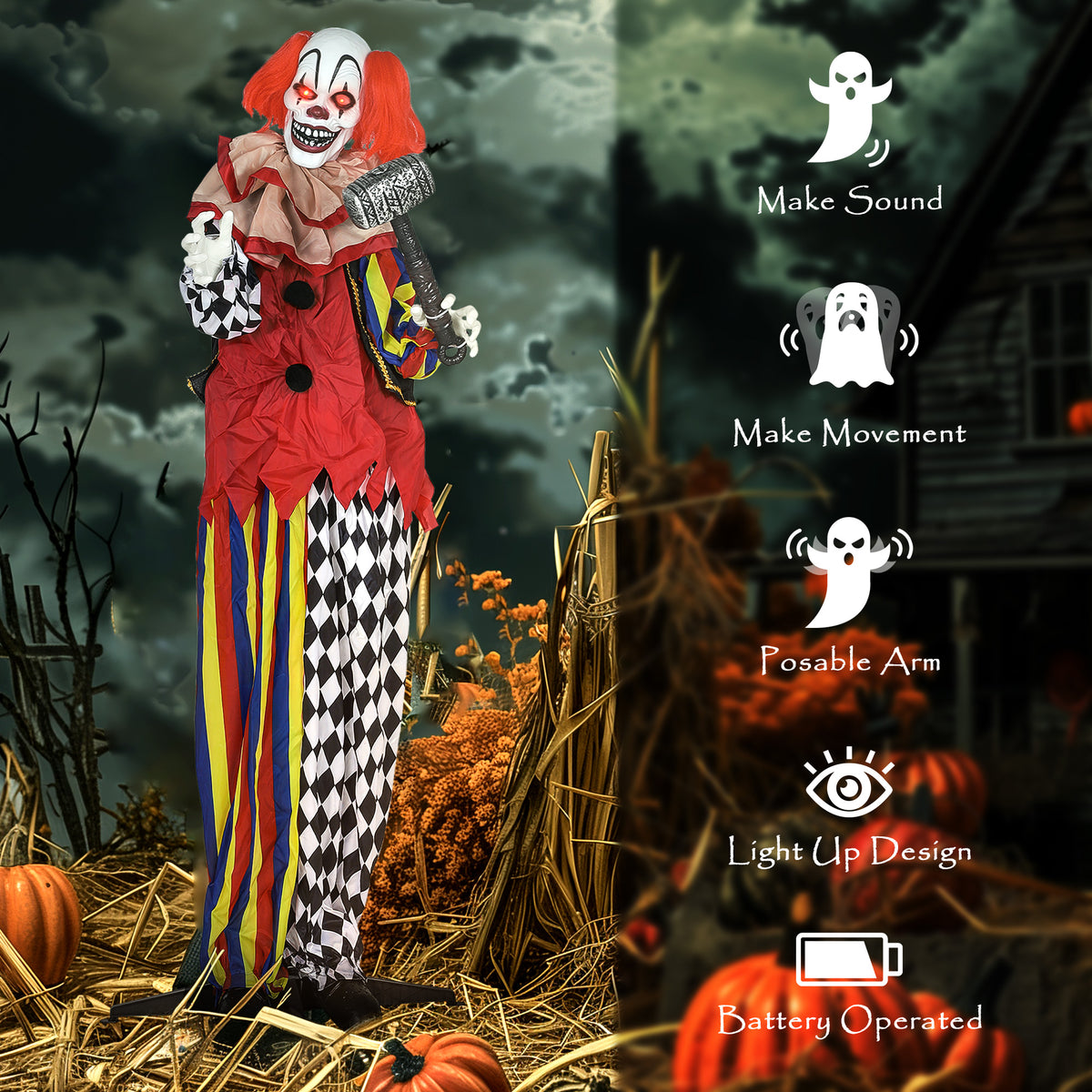 Outsunny 173 cm Life Size Halloween Animated Standing Clown & Hammer with Red Light Up Eyes, Sound Activated Moving Arms & Head, Scary Clown Halloween Decorations, Battery Operated, Indoor Party Props