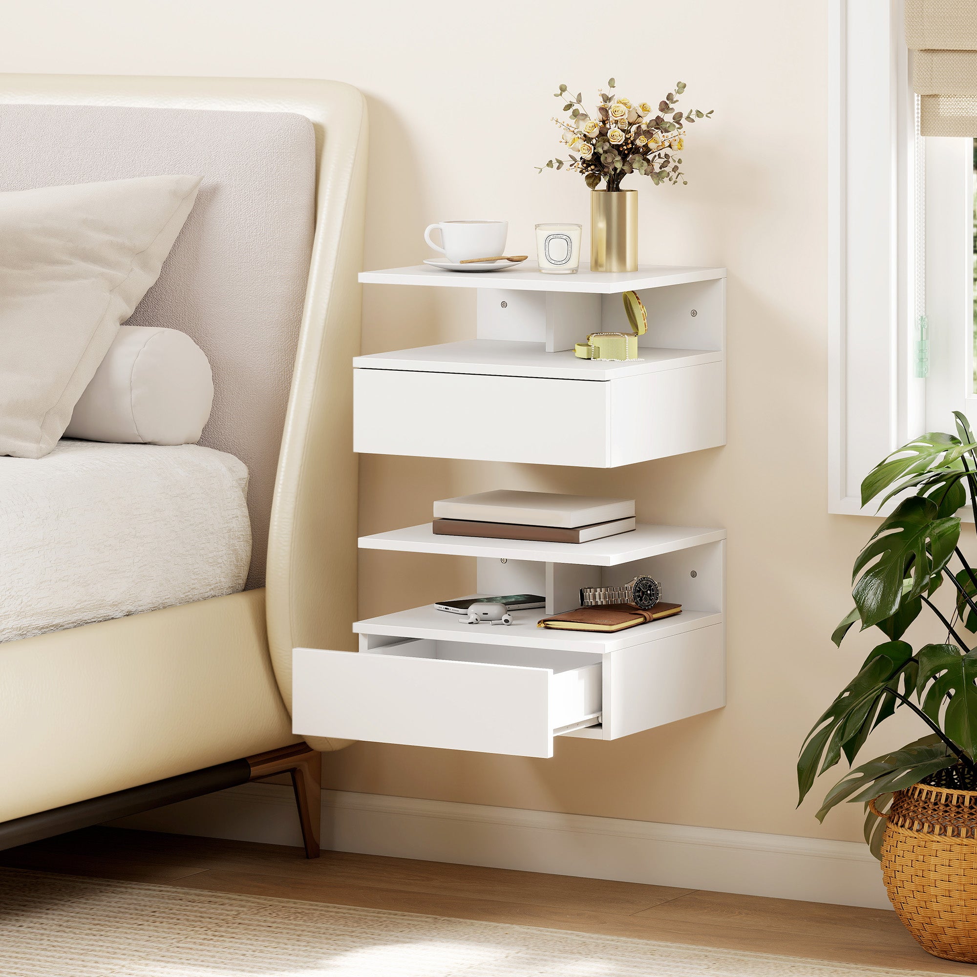 HOMCOM Set of Two Floating Bedside Tables - White