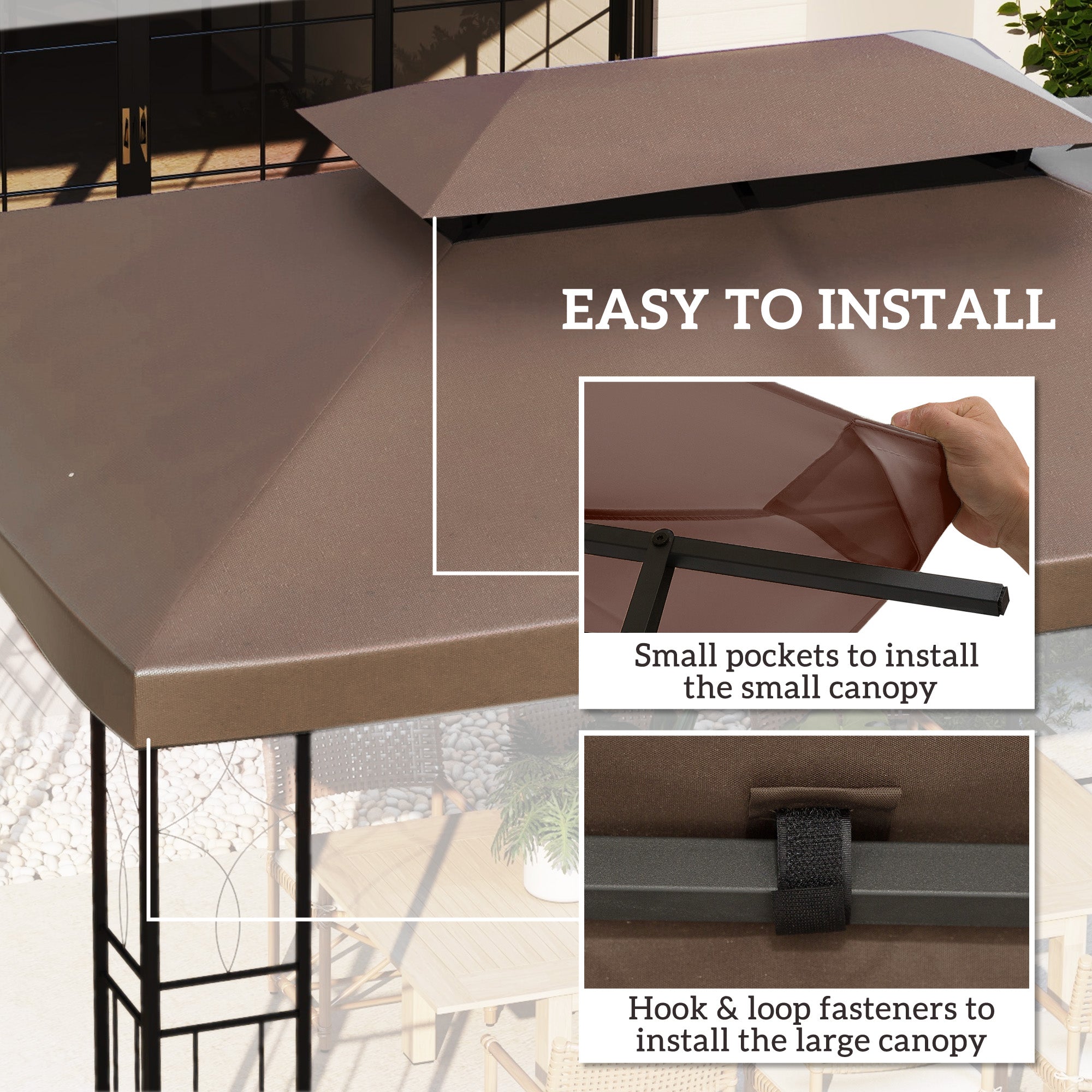Outsunny 3x4m Gazebo Canopy Replacement Cover, 2 Tier Top Roof UV Cover Garden Patio Outdoor Sun Awning Shelters, Brown (TOP COVER ONLY) - North Peak Garden Furniture