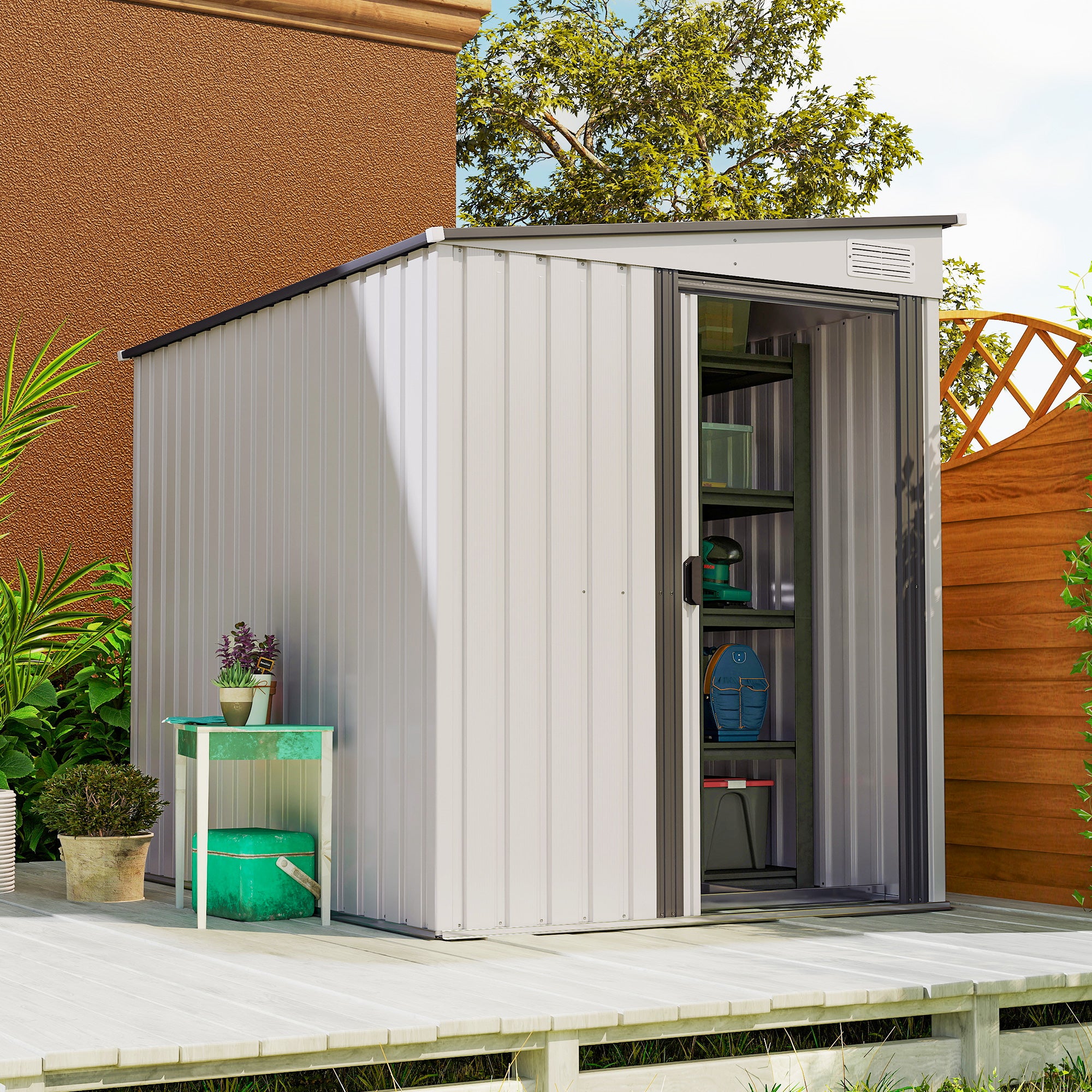 Outsunny 7 x 5ft Galvanised Metal Shed, with Sliding Door, White