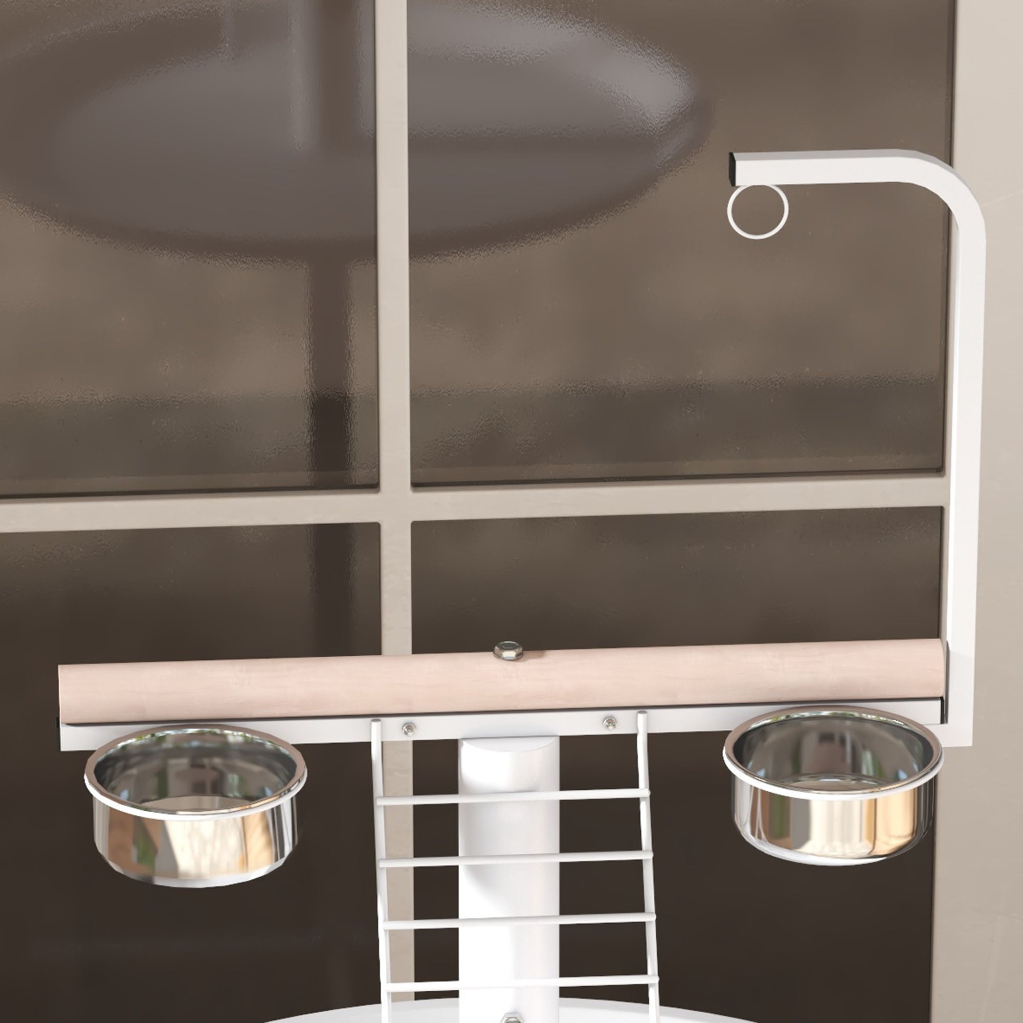 PawHut Bird Stand with Four Wheels, Perches, Stainless Steel Feed Bowls, Round Tray, for Garden, Indoor, Outdoor - White - North Peak Garden Furniture