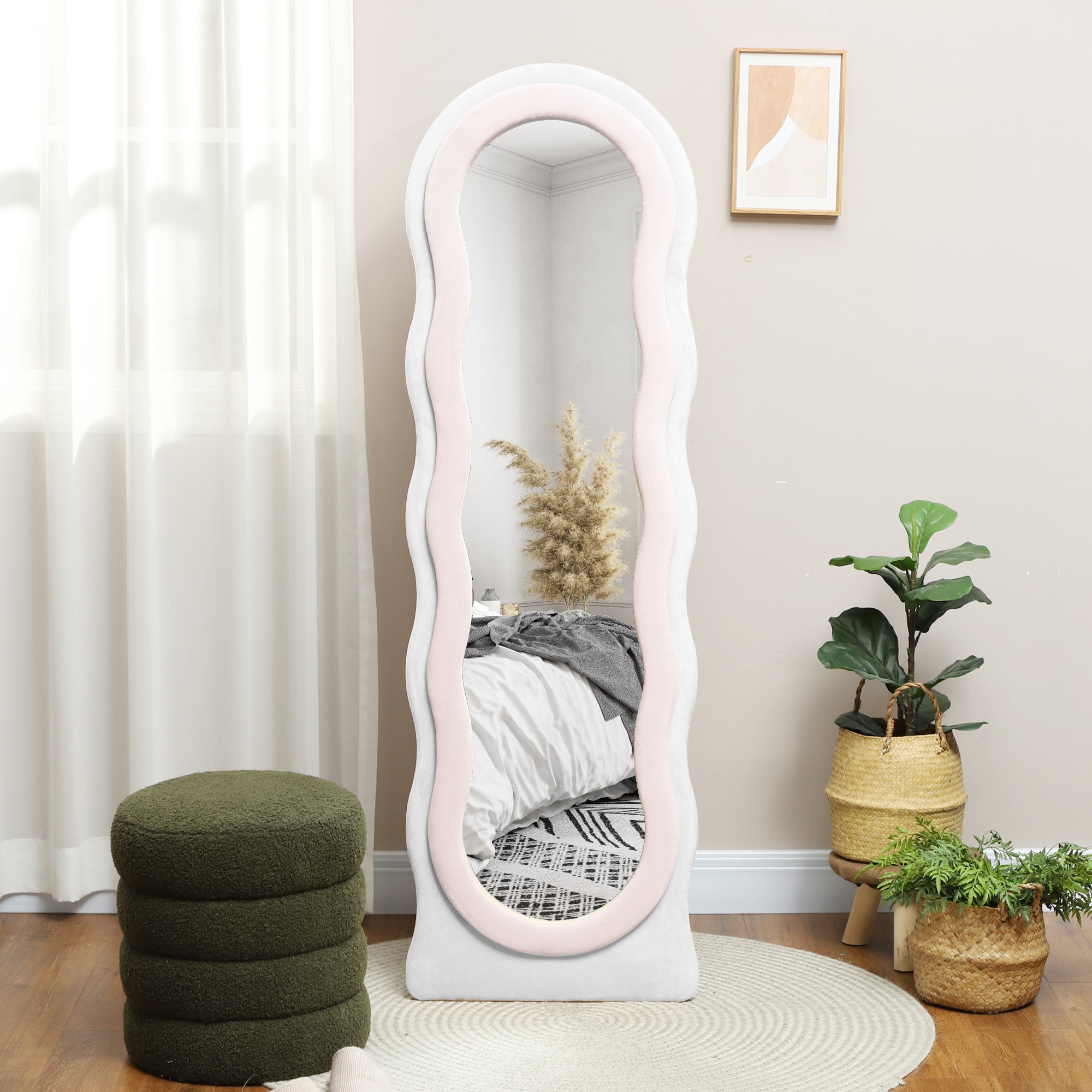 HOMCOM Wavy Velvet-Feel Full Length Mirror - Pink - North Peak Garden Furniture
