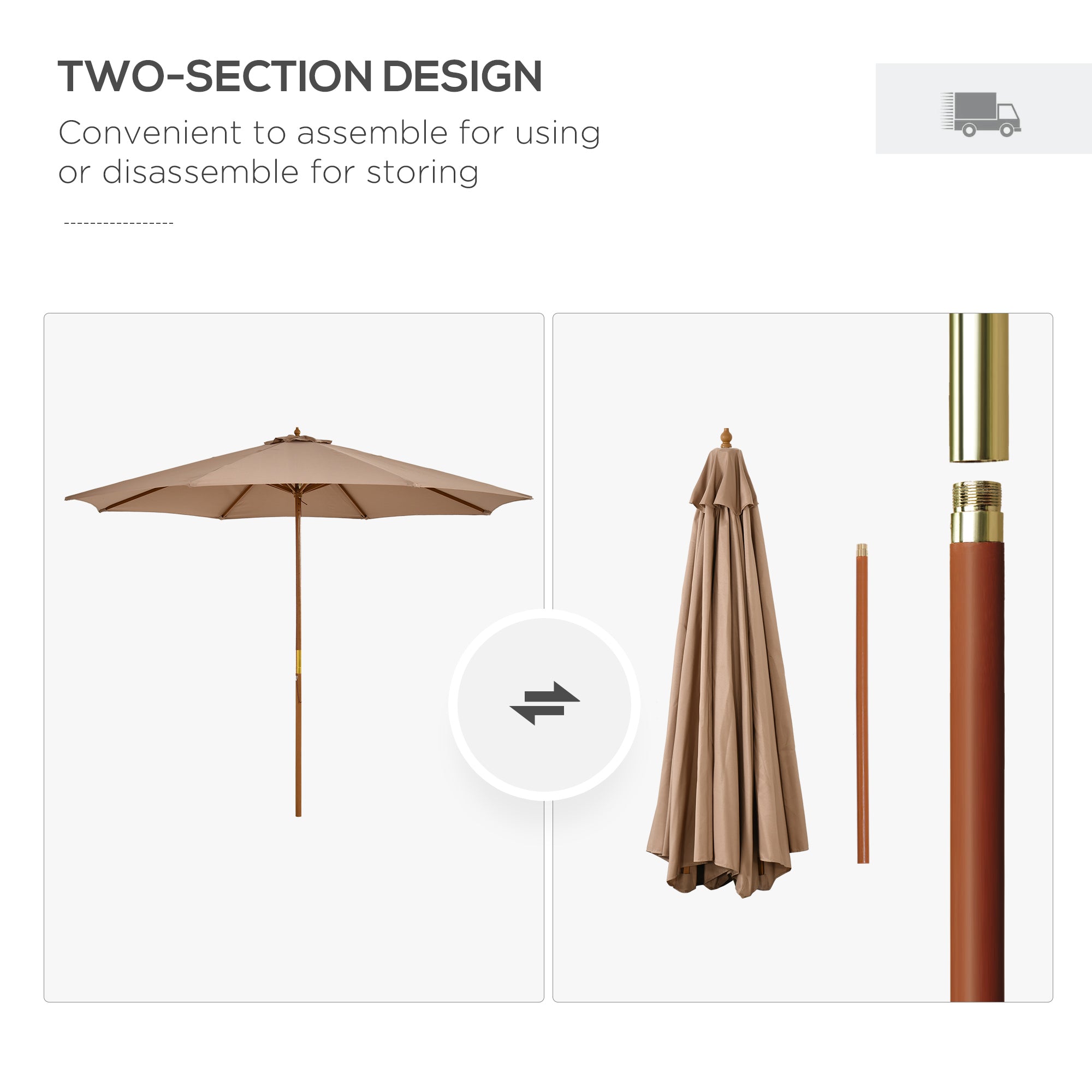 Outsunny 3(m) Garden Umbrella Wooden Parasol 8 Ribs Bamboo Sun Shade Patio Outdoor Umbrella Canopy Khaki - North Peak Garden Furniture