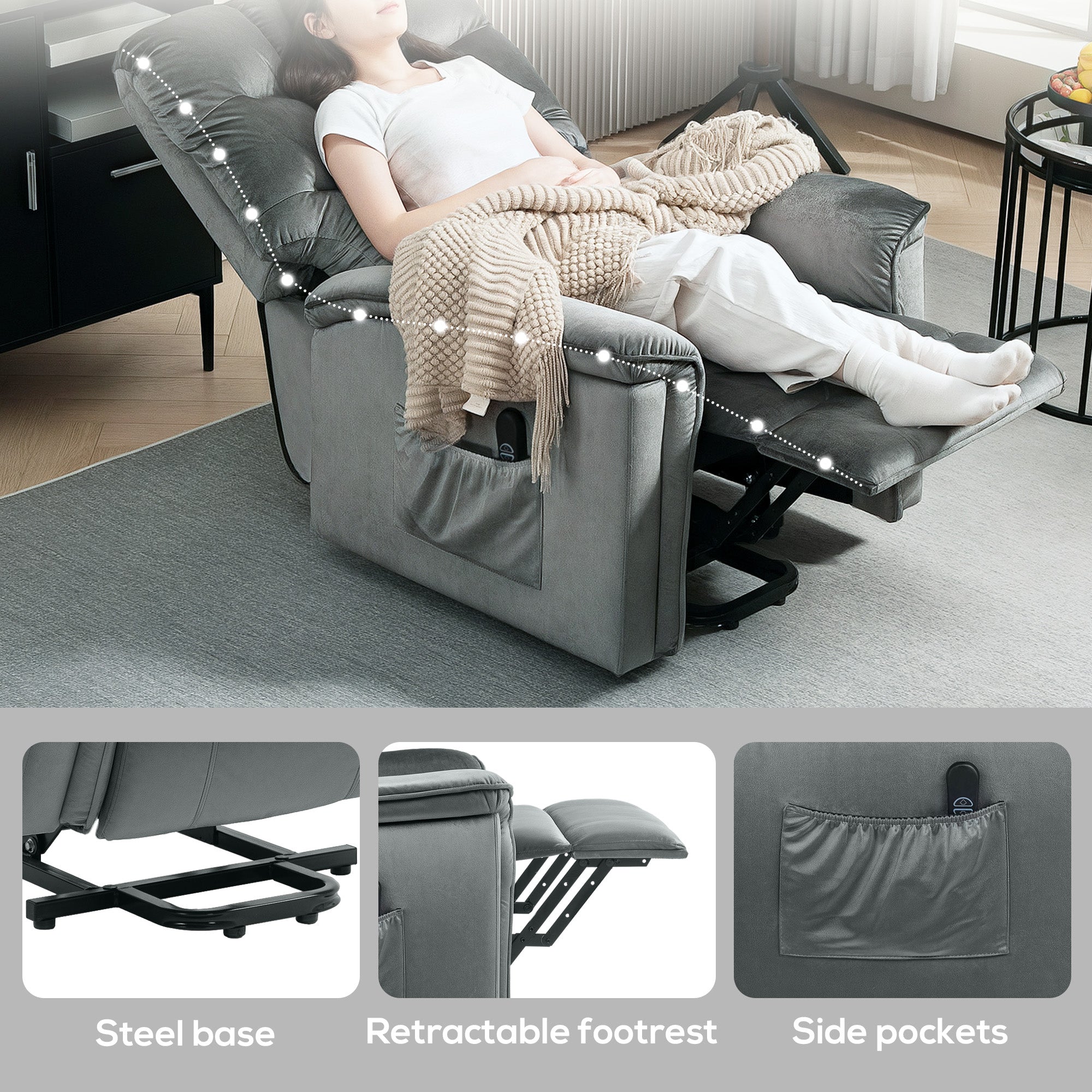 HOMCOM Velvet-Feel Electric Lift Recliner Chair - Dark Grey - North Peak Garden Furniture