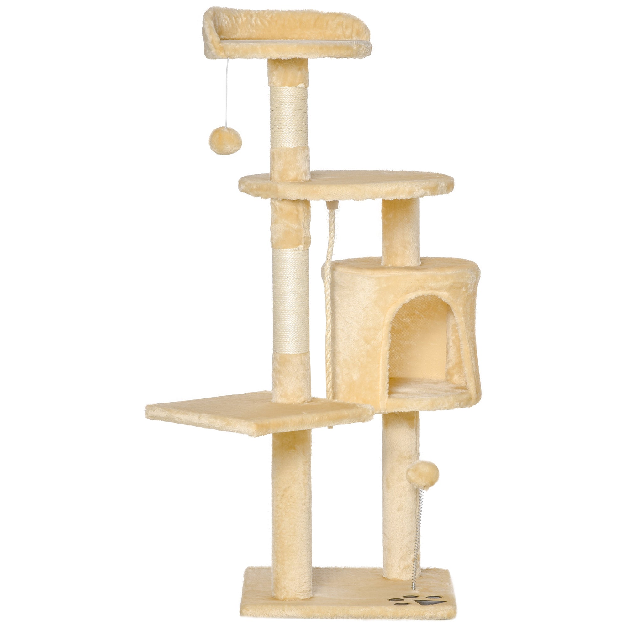 PawHut Cat Tree for Indoor Cats Pet Activity Centre Kitty Condo Climbing Scratching Post with Toys 4-tier 114cm Tall Beige - North Peak Garden Furniture