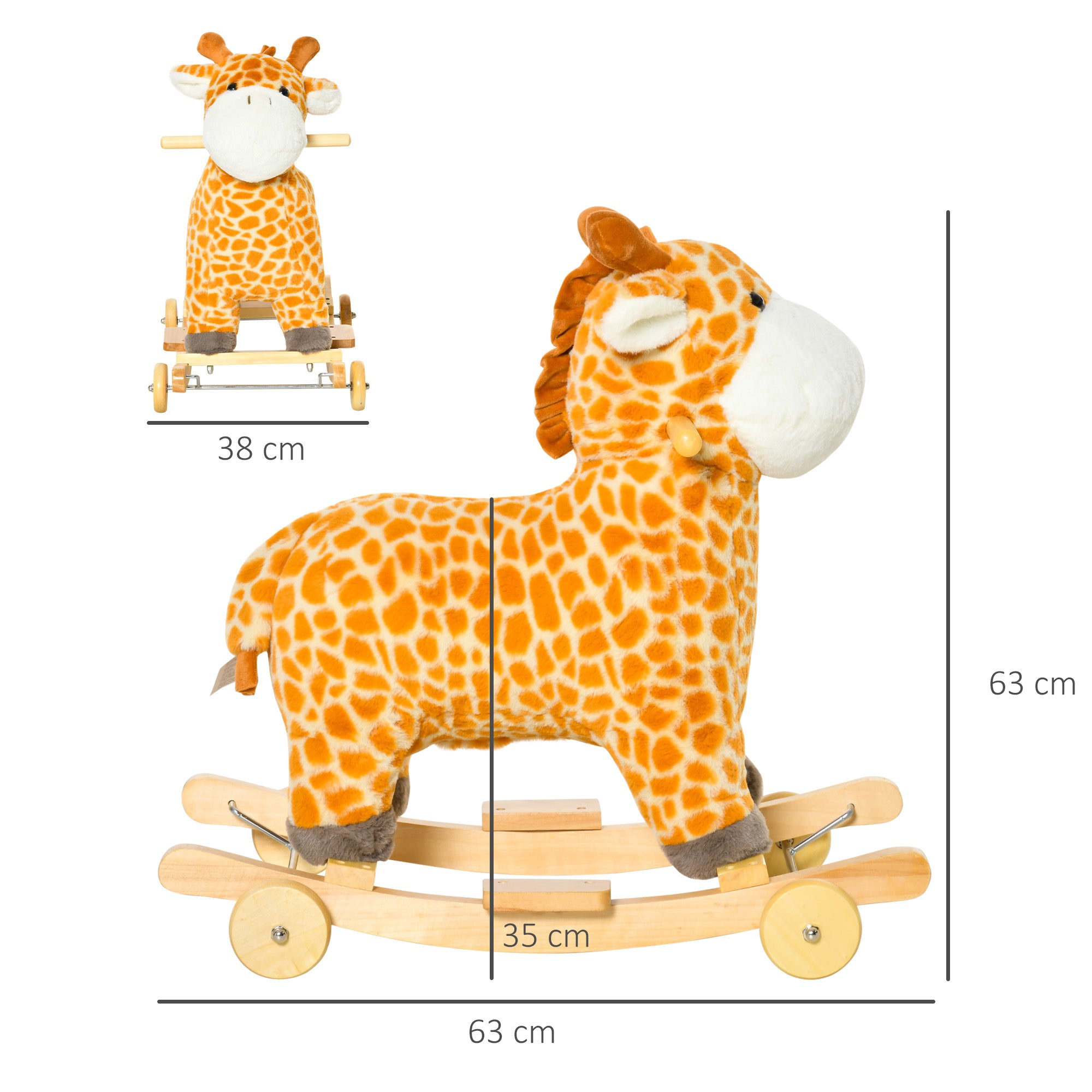 HOMCOM 2 In 1 Kids Todder Rocking Horse Plush Ride On Giraffe Rocker with Wheels Wooden Base Animal Sounds for 3-6 Years