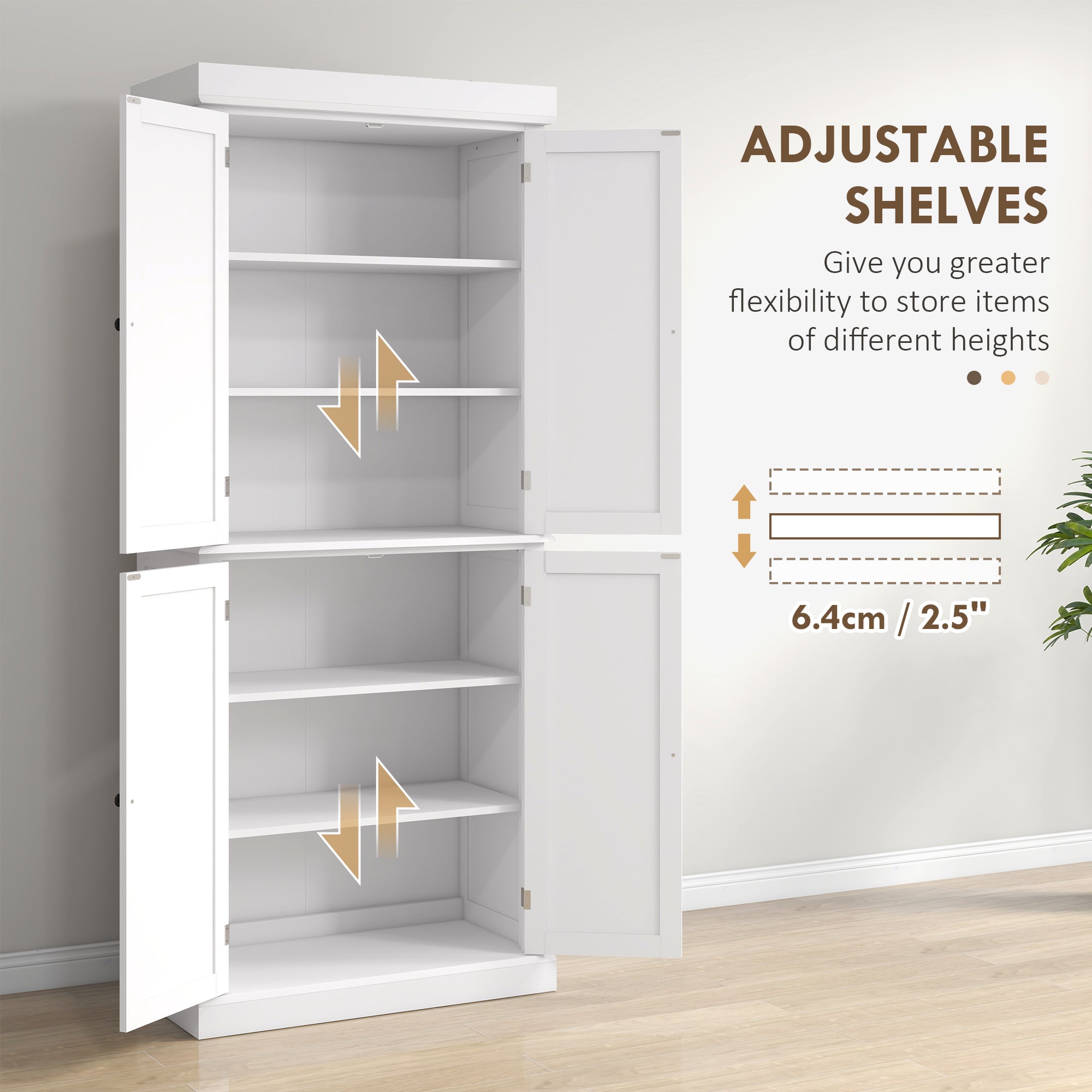HOMCOM Freestanding Kitchen Cupboard with 4 Doors, Storage Cabinet with 6-Tier Shelving and 4 Adjustable Shelves, White - North Peak Garden Furniture
