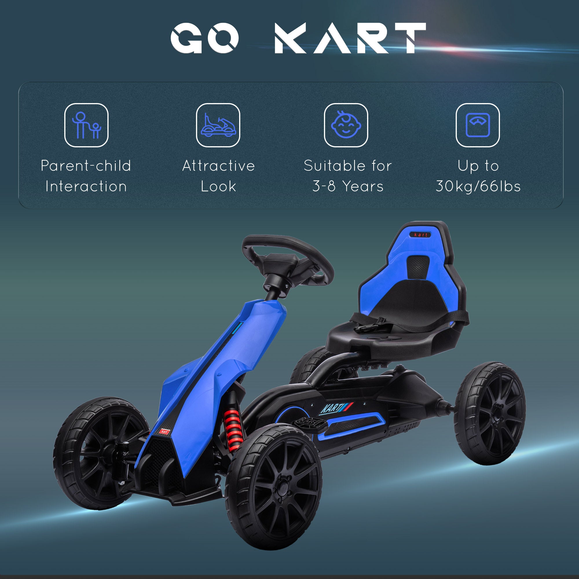 HOMCOM Kids Pedal Go Kart, with Adjustable Seat, EVA Wheels, Seat, Handbrake - Blue