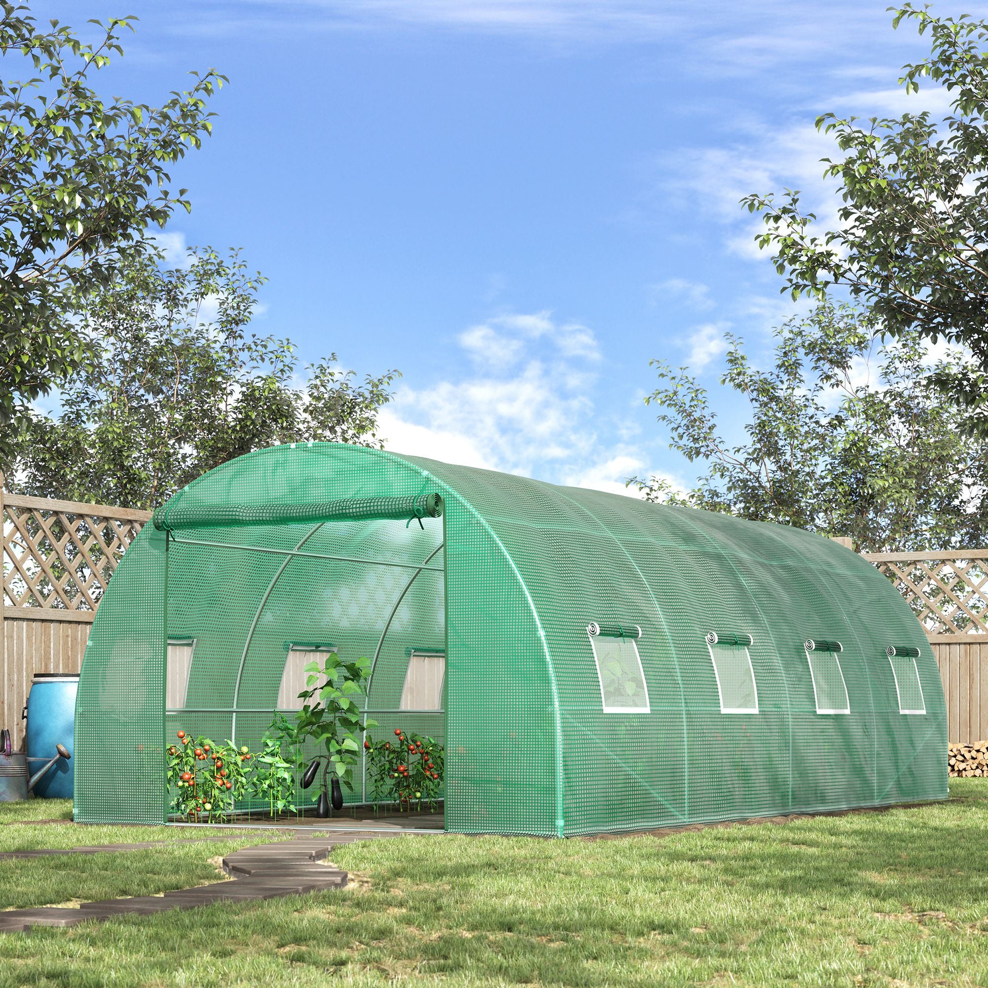 Outsunny Walk-in Polytunnel Greenhouse, Outdoor Garden Tunnel Greenhouse Tent with Zipped Roll-Up Door and 8 Mesh Windows, 6 x 3M