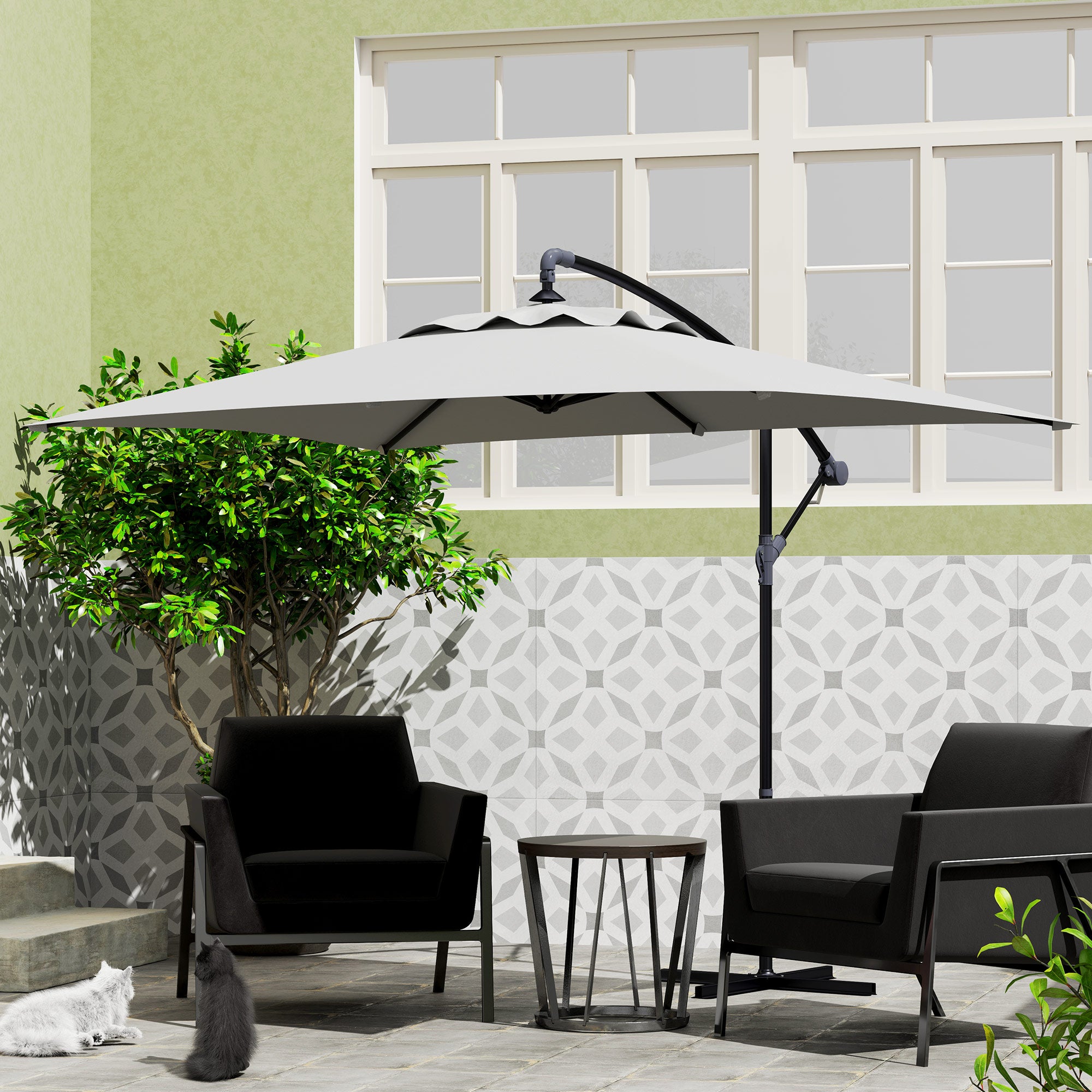 Outsunny 3(m) Cantilever Overhanging Parasol, with Cross Base - Light Grey - North Peak Garden Furniture