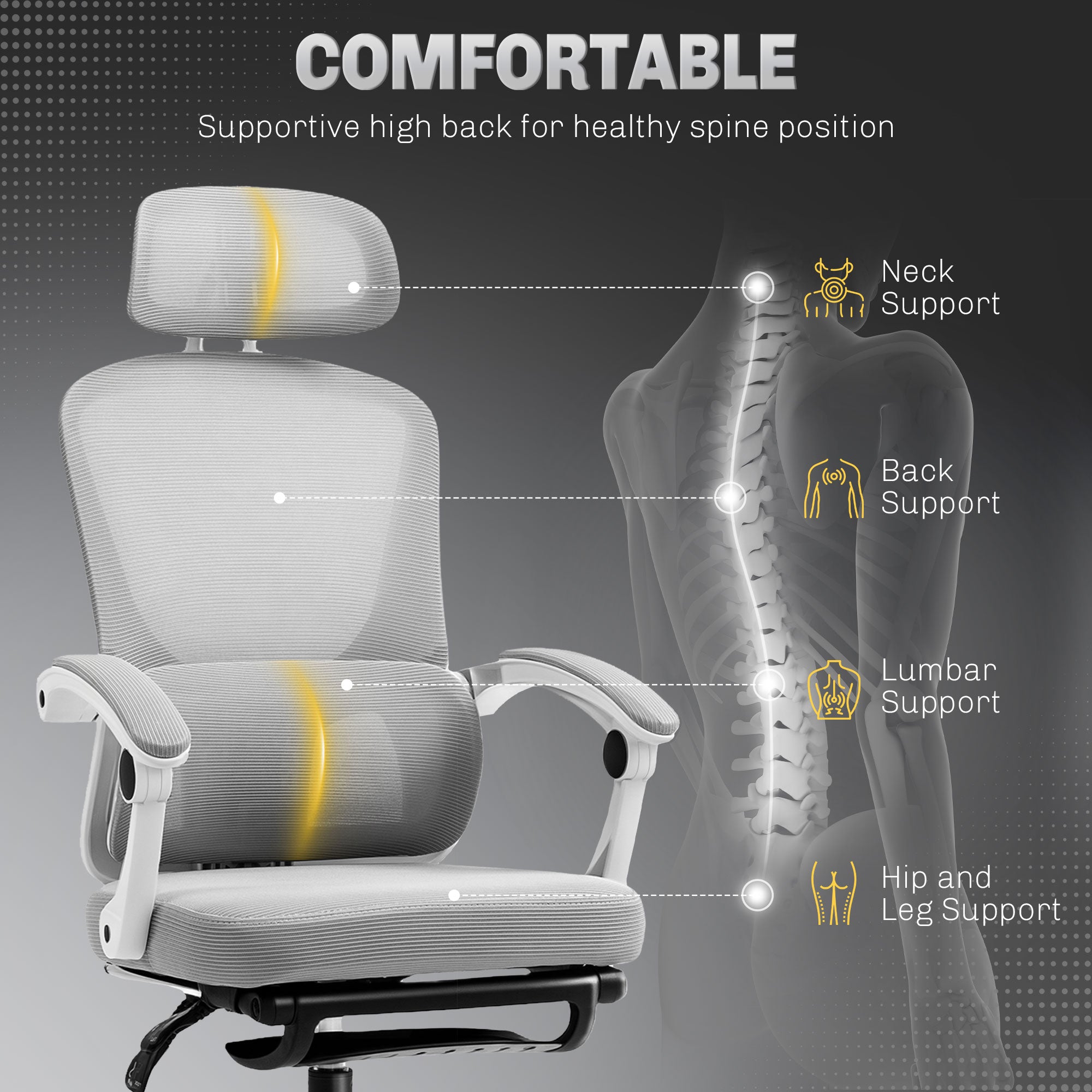 HOMCOM Ergonomic Office Chair, Mesh High Back Desk Chair with Adjustable Lumbar Support and Headrest, Footrest, Reclining Executive Swivel Computer Chair for Home Study, Grey - North Peak Garden Furniture