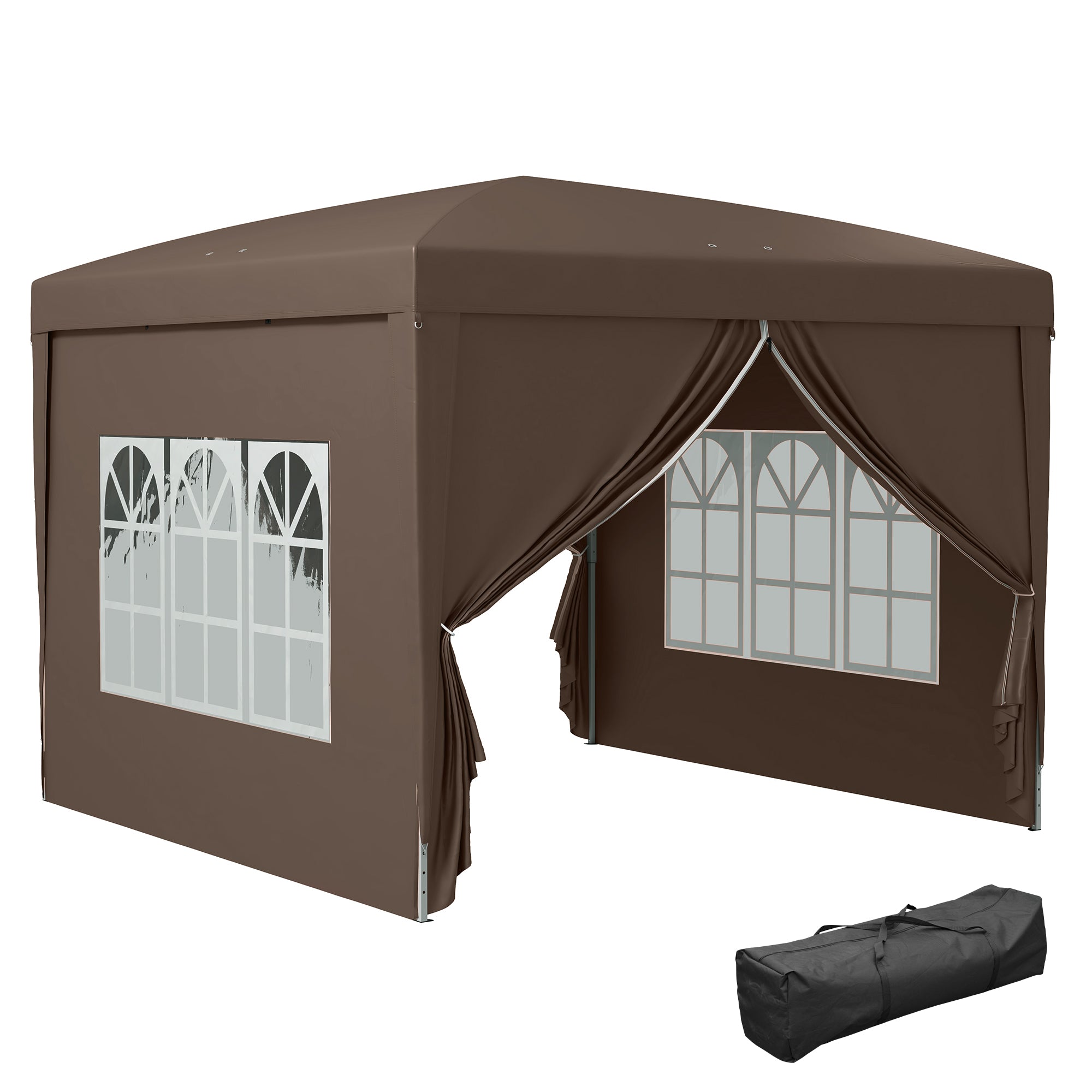 Outsunny 3 x 3 m Pop Up Gazebo, Wedding Party Canopy Tent Marquee with Carry Bag and Windows, Coffee - North Peak Garden Furniture
