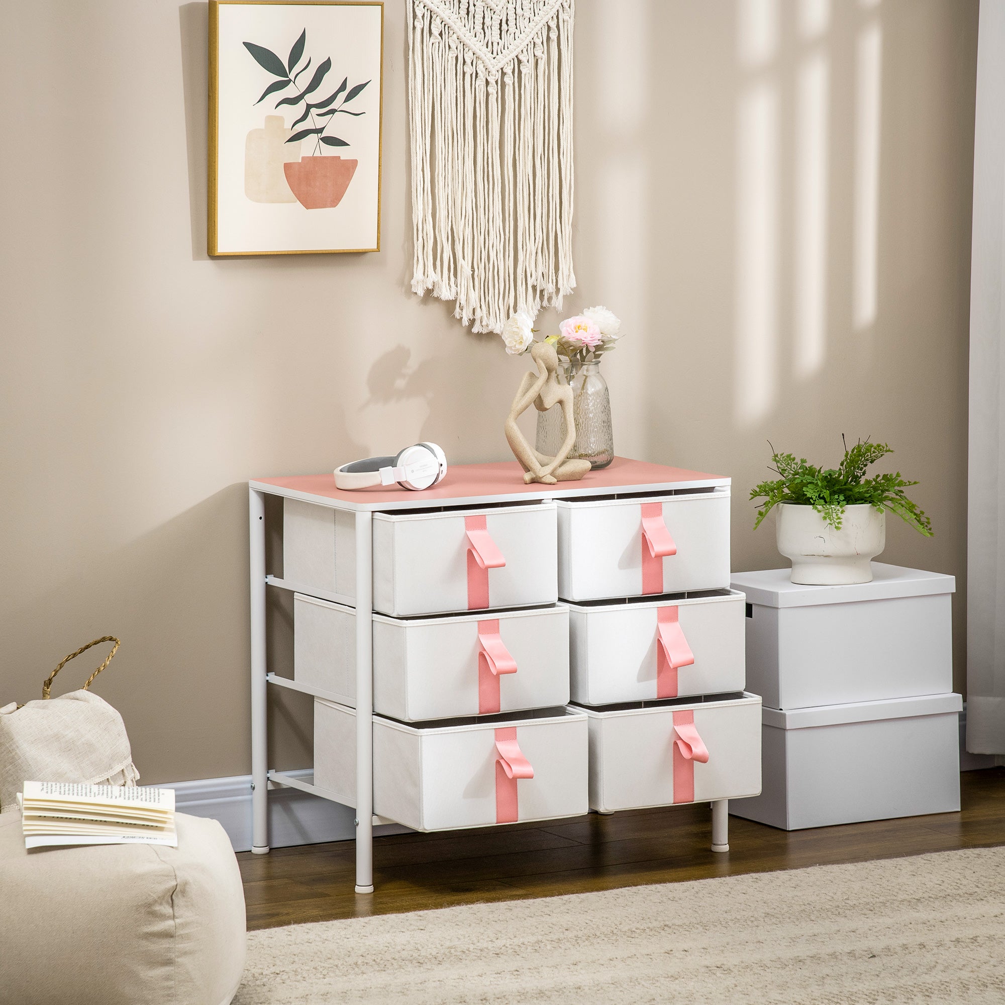 HOMCOM Chest of Drawers, Cloth Organizer Unit with 6 Fabric Drawers, Metal Frame and Wooden Top, Storage Cabinet for Kids Room, Living Room, Closet, Hallway, Pink - North Peak Garden Furniture