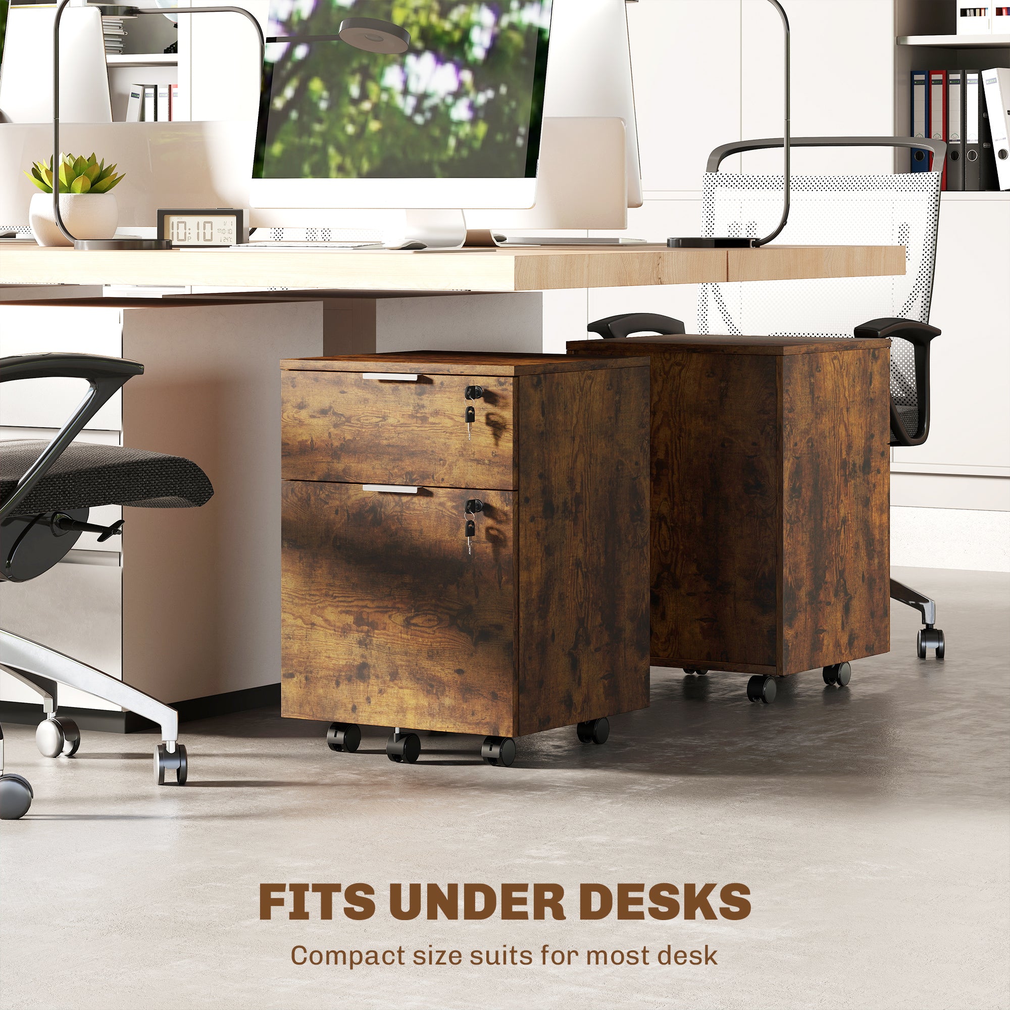 HOMCOM Two-Drawer Lockable Filing Cabinet - Black and Rustic Brown