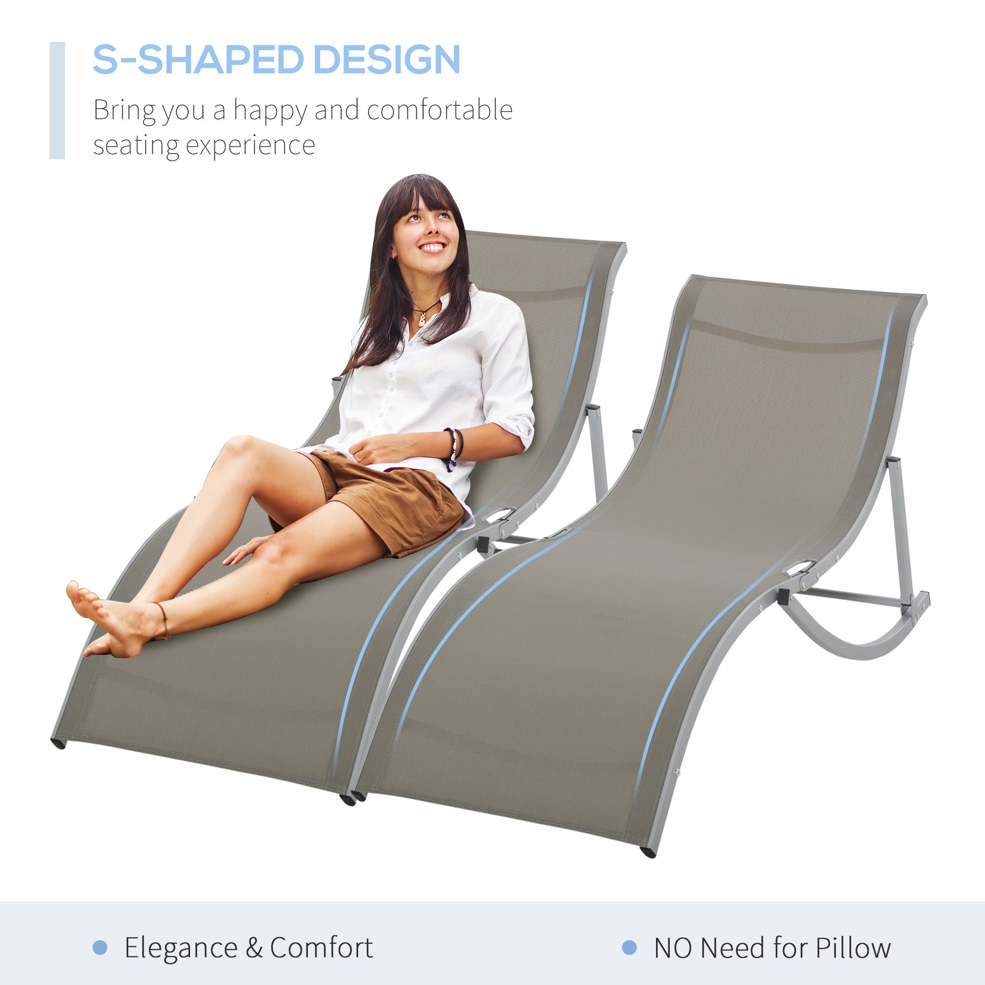 Outsunny Set of 2 S-shaped Foldable Lounge Chair Sun Lounger Reclining Outdoor Chair for Patio Beach Garden, Light Grey