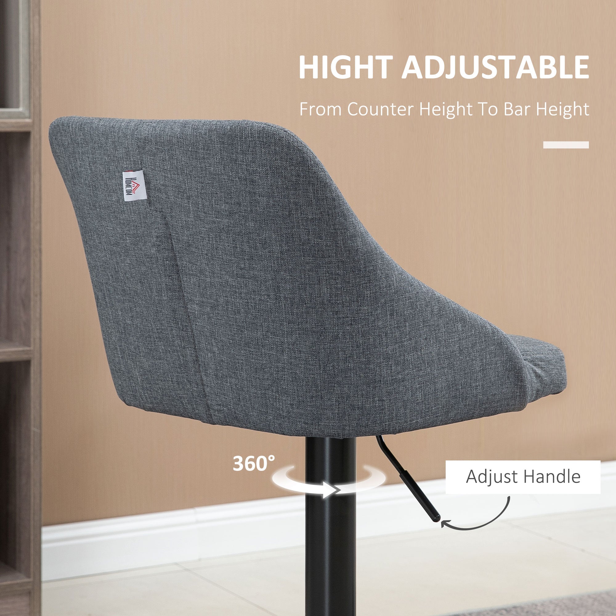 HOMCOM Modern Adjustable Bar Stools Set of 2, Swivel Fabric Barstools with Footrest, Armrests and Back, for Kitchen Counter and Dining Room, Dark Grey - North Peak Garden Furniture