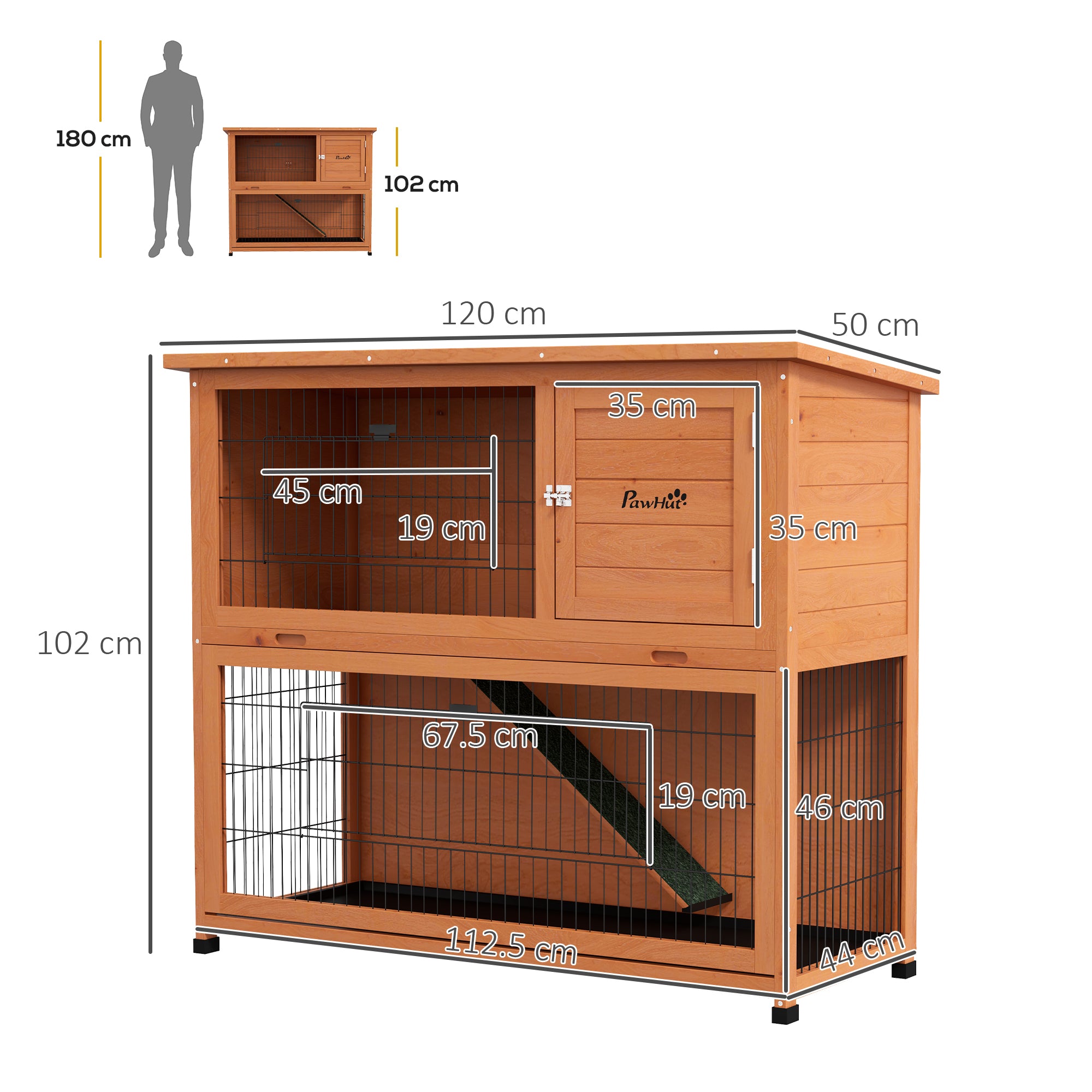 PawHut Two-Tier Antiseptic Wood Rabbit Hutch, 102cm Guinea Pig Hutch with Run - Orange