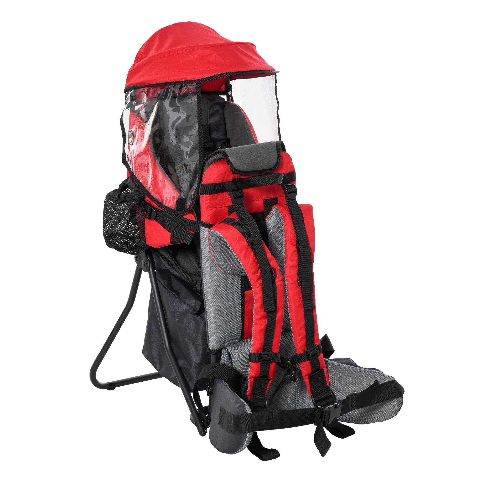 HOMCOM Baby Hiking Backpack Carrier Child Carrier with Ergonomic Hip Seat Detachable Rain Cover Adjustable Straps Stand for Toddler 6 - 36 Months Red - North Peak Garden Furniture