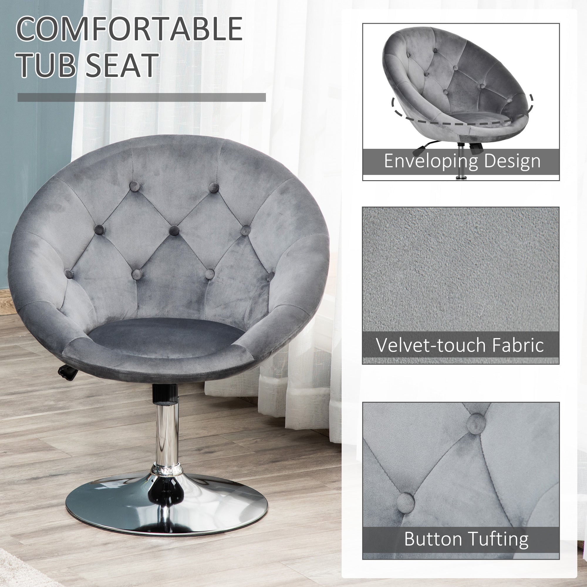 HOMCOM Swivel Dressing Stool, Velvet-feel Upholstered Vanity Chair, Adjustable Height Tub Makeup Chair with Button Tufting and Thick Padding, Breakfast Dining Chair, Grey