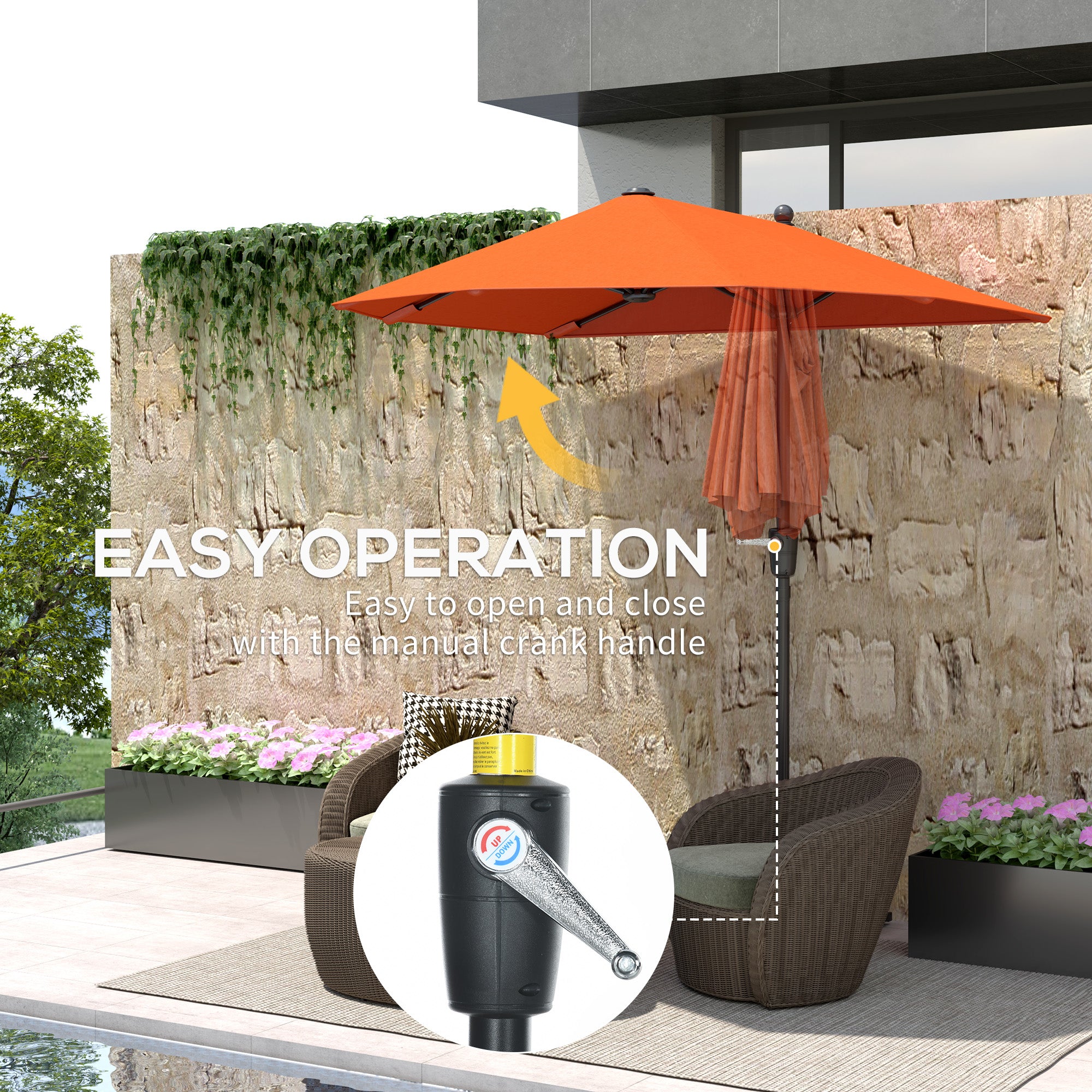 Outsunny 2m Half Parasol Market Umbrella Garden Balcony Parasol with Crank Handle, Cross Base, Double-Sided Canopy, Orange - North Peak Garden Furniture