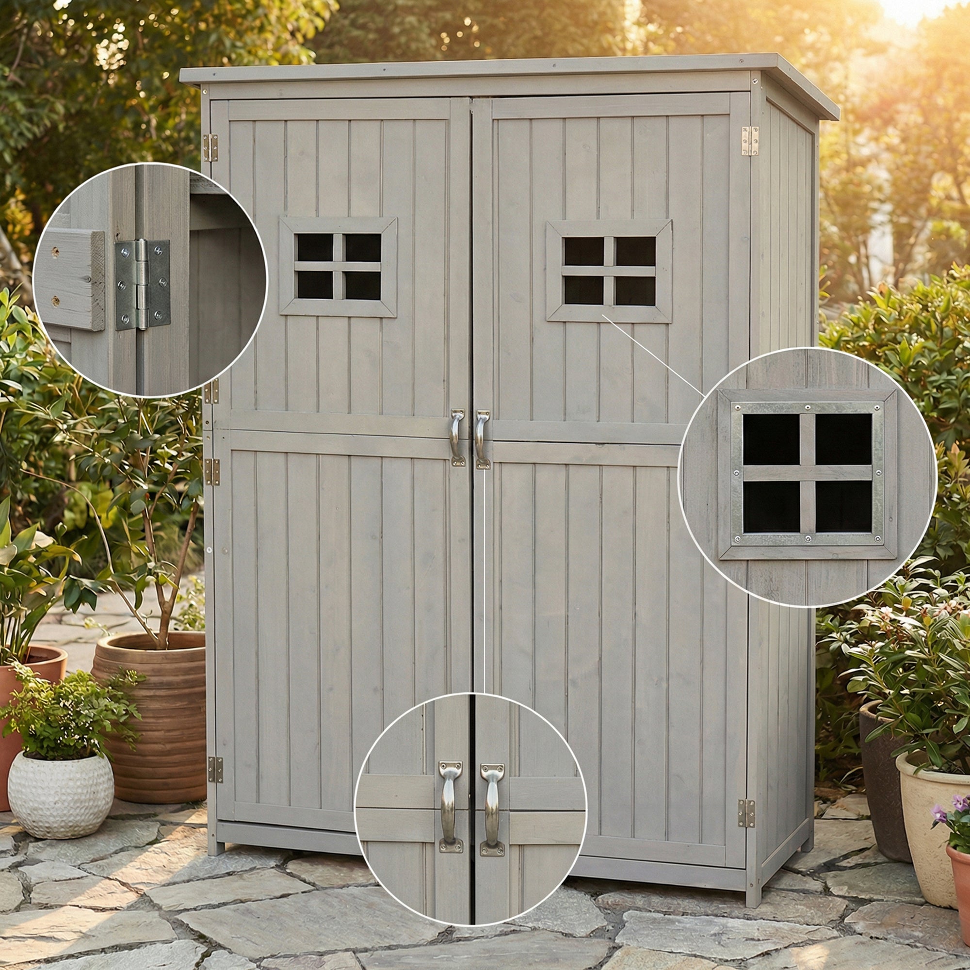 Outsunny Wooden Garden Shed with Two Windows, Tool Storage Cabinet, Outdoor Double Door Organizer 127.5L x 50W x 164H cm, Grey
