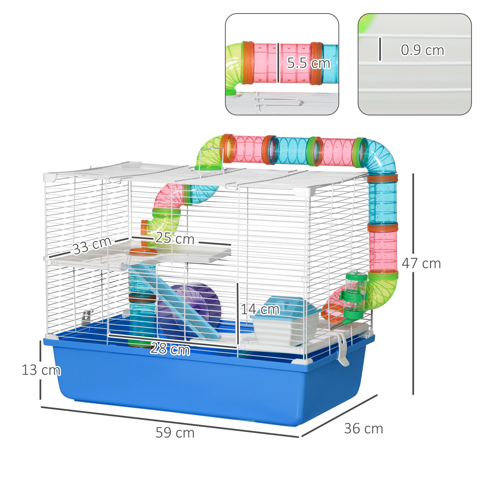 PawHut Hamster Cage with Tubes Tunnel 3 Level Rodent House with Exercise Wheel, Water Bottle, Food Dish, Ramp, Hut 59 x 36 x 47 cm- Blue - North Peak Garden Furniture