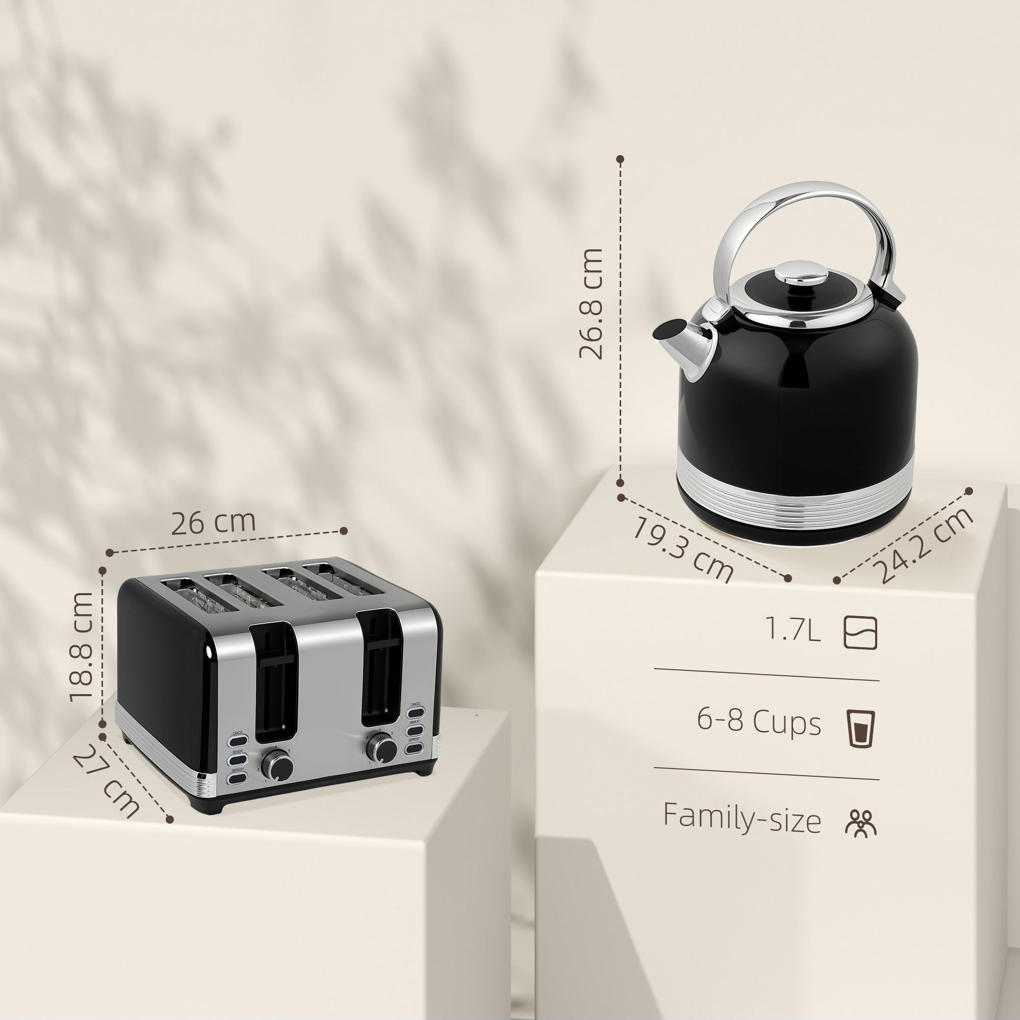 HOMCOM Polished Metal Kettle and Toaster Set - Black - North Peak Garden Furniture