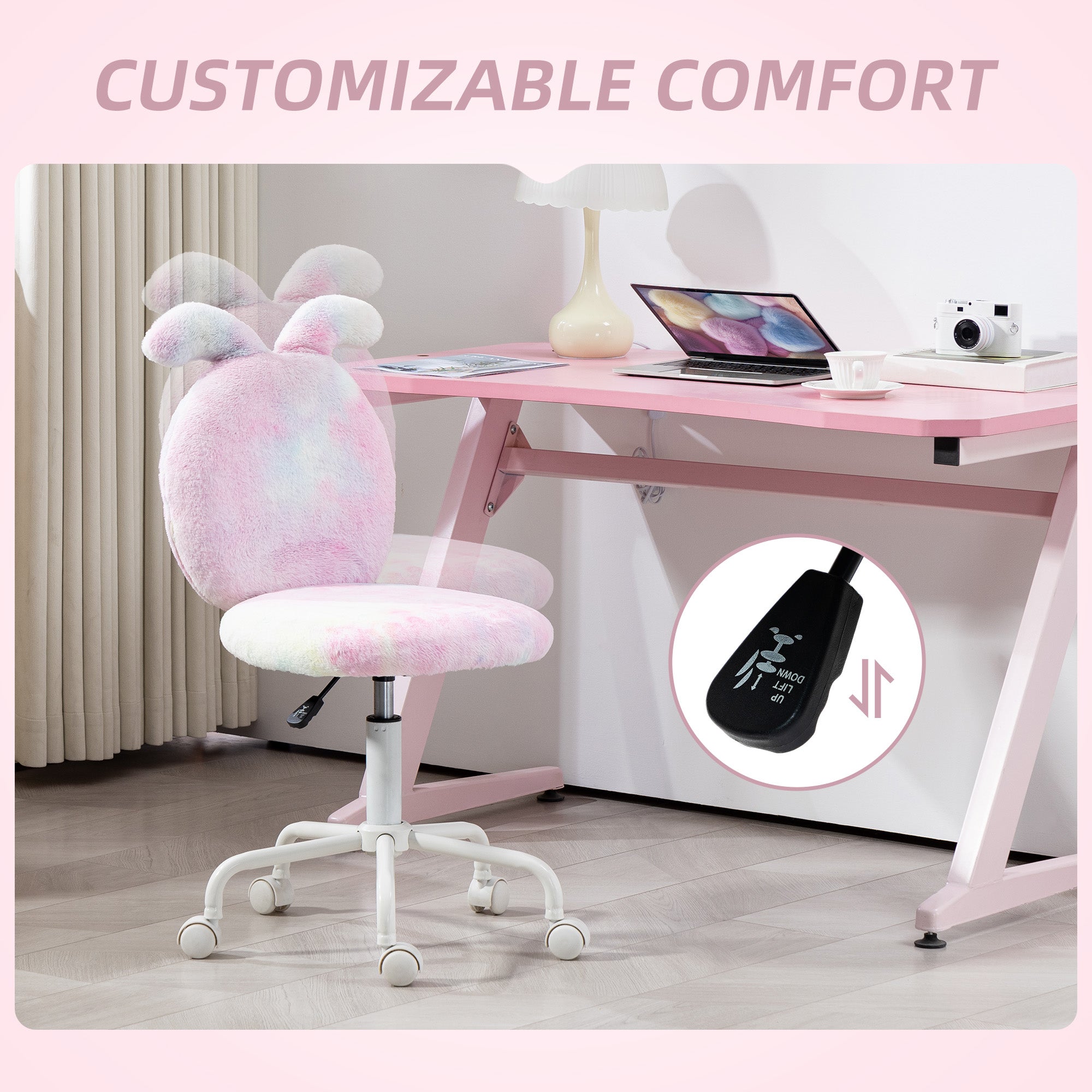 HOMCOM Fuzzy Office Chair with Bunny Ears, Faux Fur Swivel Desk Chair, Armless Makeup Vanity Chair with Adjustable Height for Bedroom, Study Room, Colourful - North Peak Garden Furniture