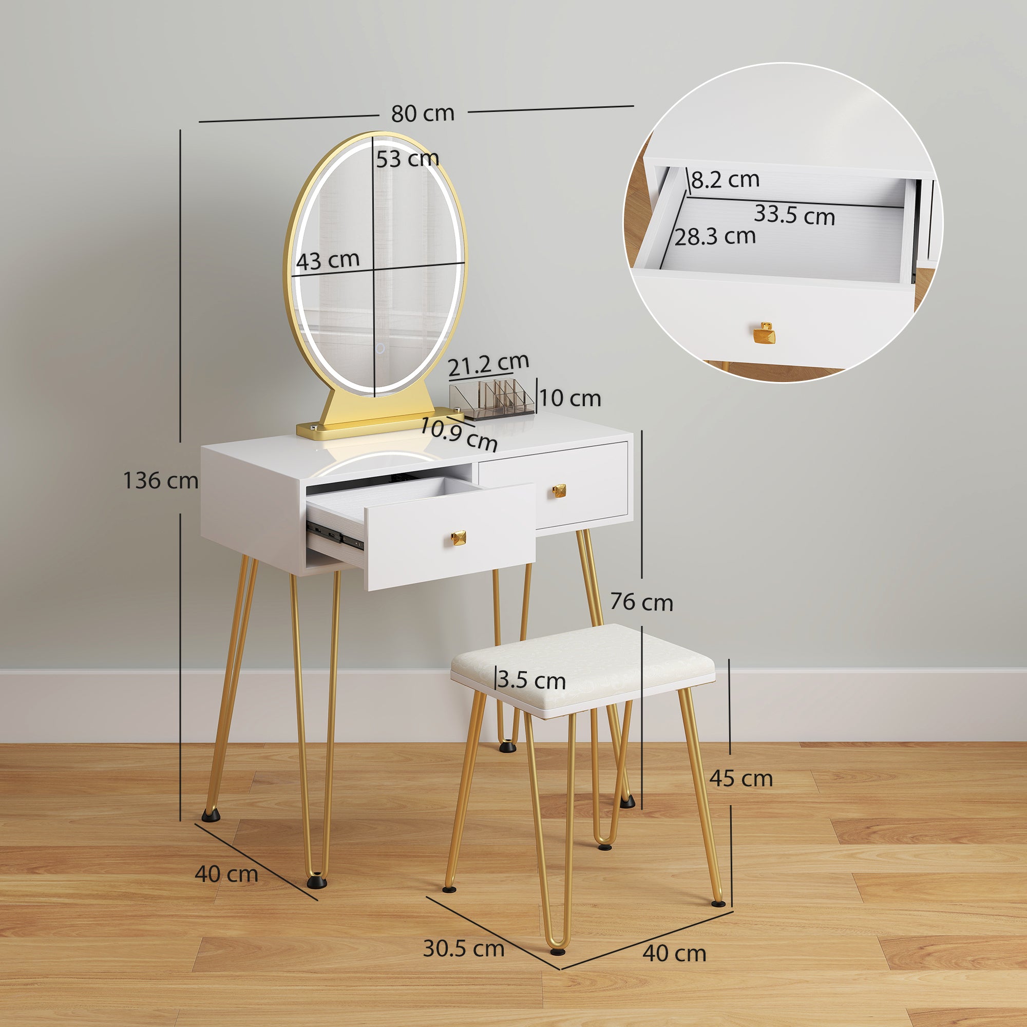 HOMCOM Dressing Table Set with LED Light, Round Mirror, Vanity Makeup Table with 2 Drawers and Cushioned Stool for Bedroom, White