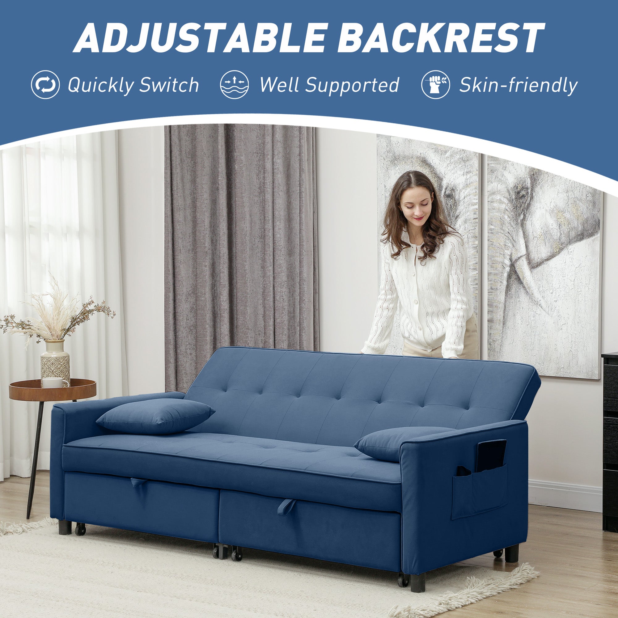 HOMCOM Three-Person Velvet-Feel Sofa Bed - Blue - North Peak Garden Furniture