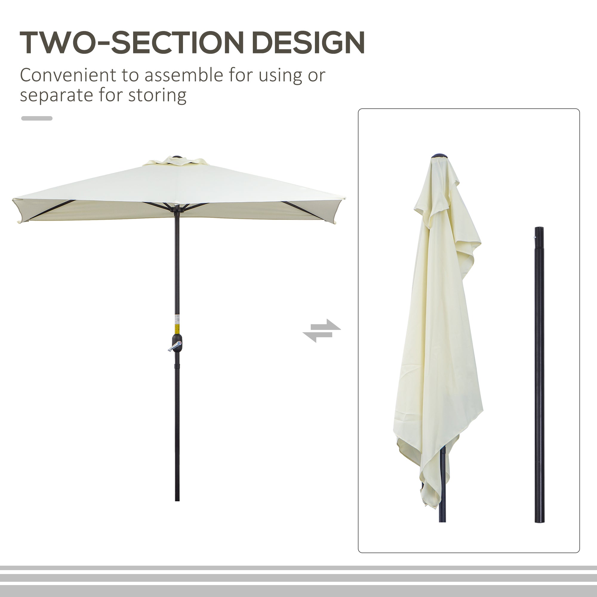 Outsunny Balcony Half Parasol Semi Round Umbrella Patio Crank Handle (2.3 m, Beige)- NO BASE INCLUDED - North Peak Garden Furniture