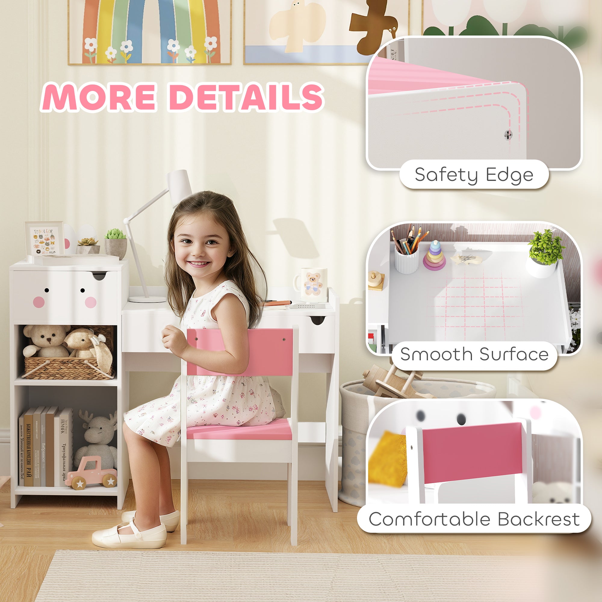AIYAPLAY Rabbit Themed Kids Desk and Chair Set with Bookcase, Drawers, Storage Shelves, for 3-6 Years, White - North Peak Garden Furniture