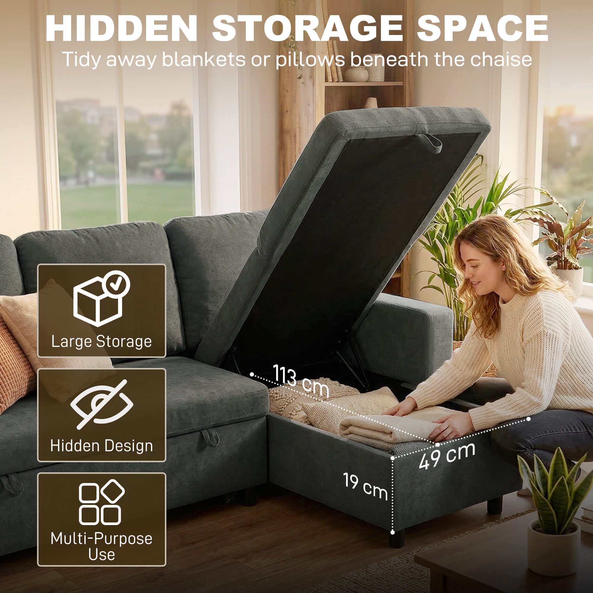 HOMCOM L Sofa Bed, with Storage - Charcoal Grey