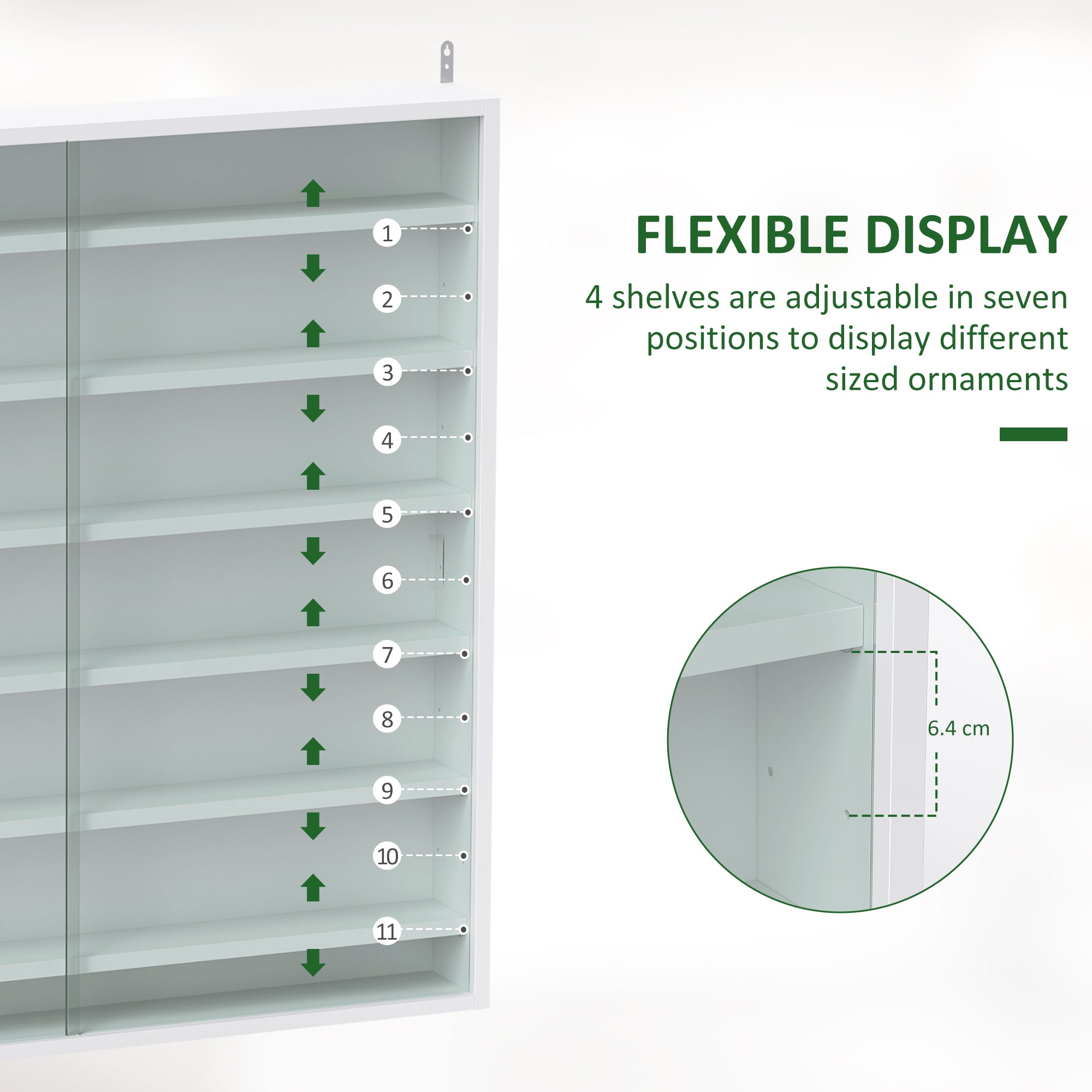 HOMCOM 7-Tier Wall Display Shelf Unit Cabinet w/ 6 Adjustable Shelves Glass Doors Home Office Ornaments 83x80cm, White - North Peak Garden Furniture