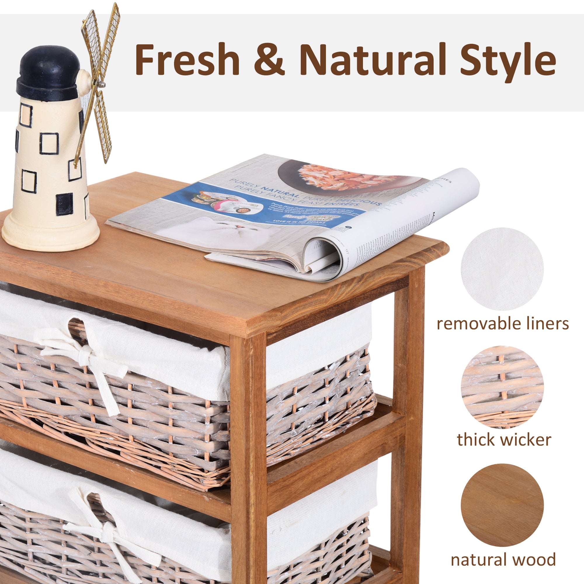 HOMCOM 5 Drawer Dresser Wicker Basket Storage Shelf Unit Wooden Frame Home Organisation Cabinet Bedroom Office Furniture Natural Finish - North Peak Garden Furniture