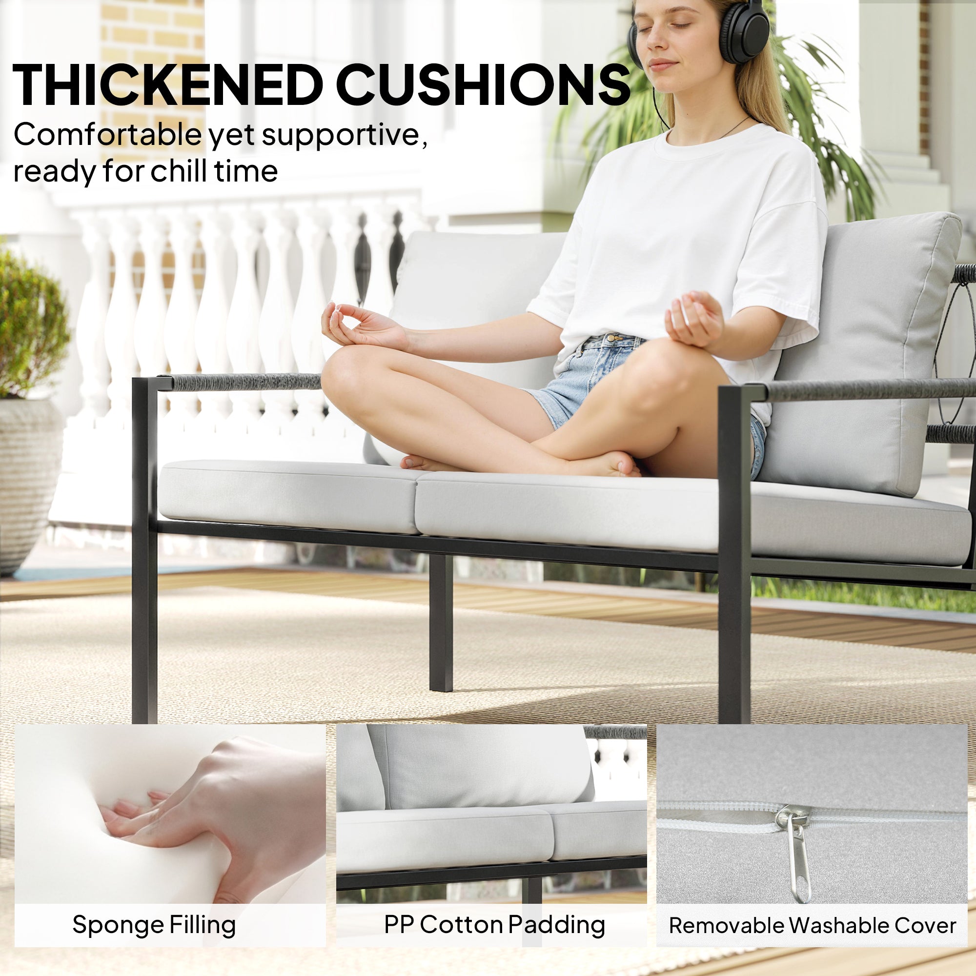 Outsunny 5 Piece Metal Garden Furniture Sofa Set with Thickened Cushions, Loveseat, 2 Armchairs, 2 Coffee Tables, Light Grey