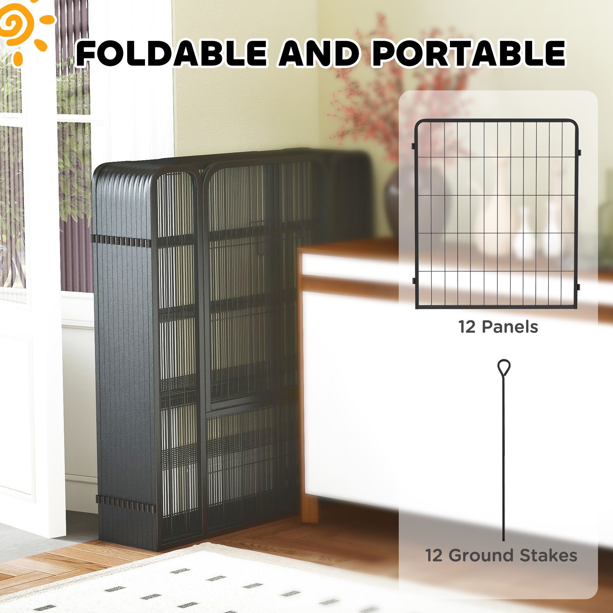 PawHut 12 Panels Heavy Duty Dog Playpen with Doors, for Medium Dogs, 80cm High, Black - North Peak Garden Furniture